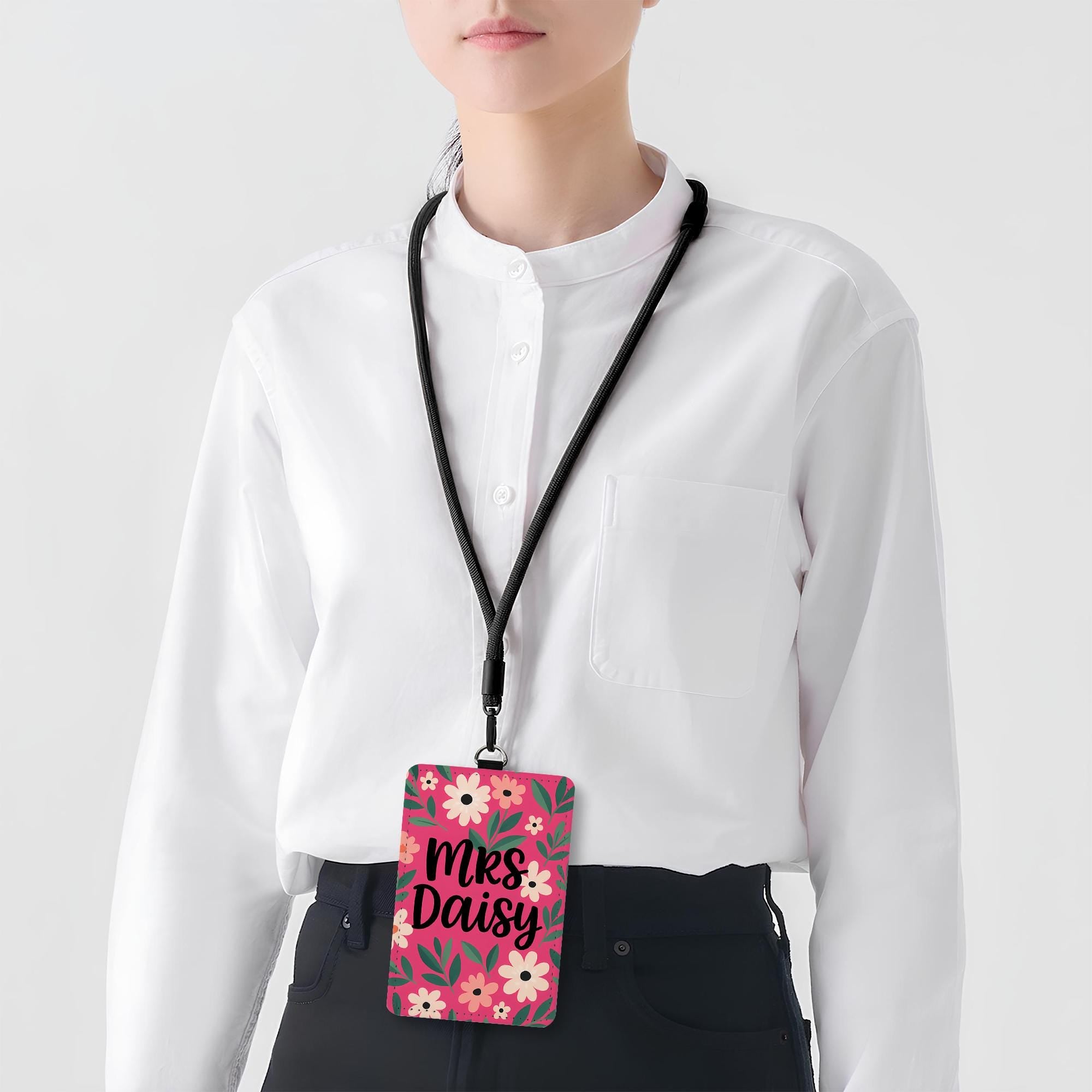 Floral Teacher ID Badge Holder, Personalized Name Tag for Teacher, Cute Pink Flower Lanyard Accessory for Classroom or School