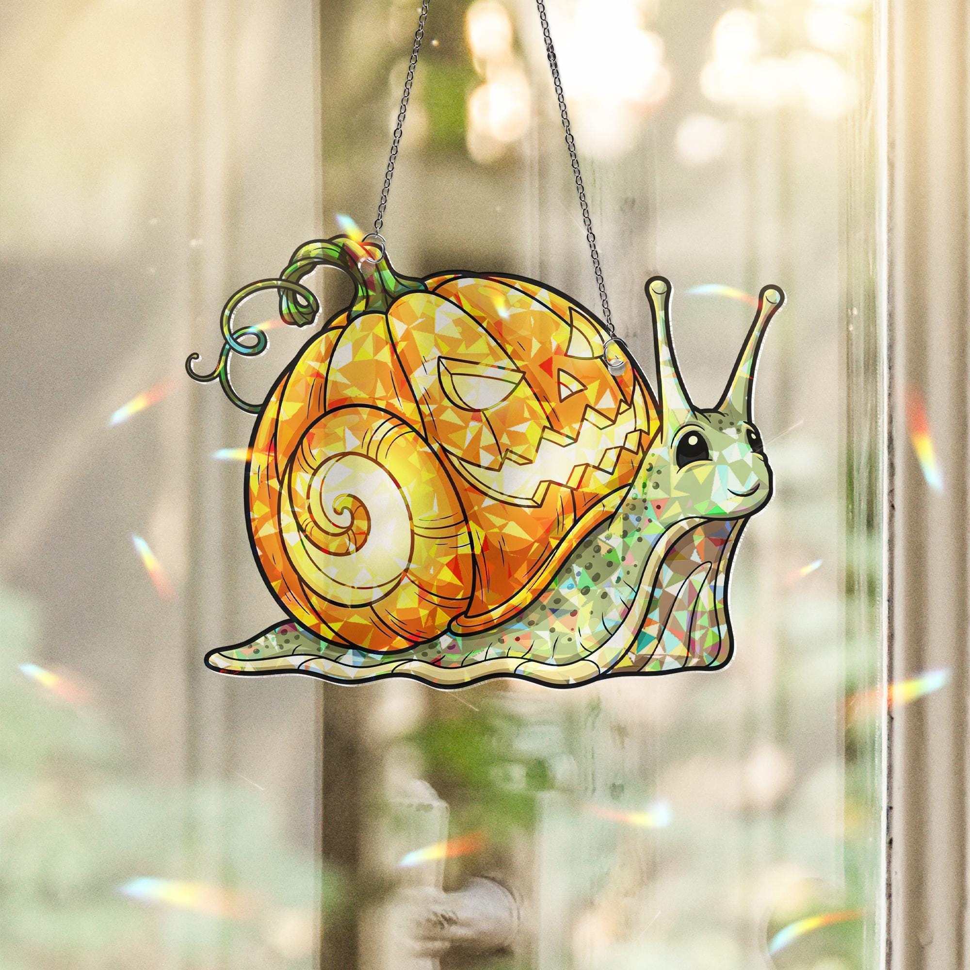 Halloween Snail Pumpkin Suncatcher - Cute Jack O Lantern Window Decor, Fall Glass Ornament