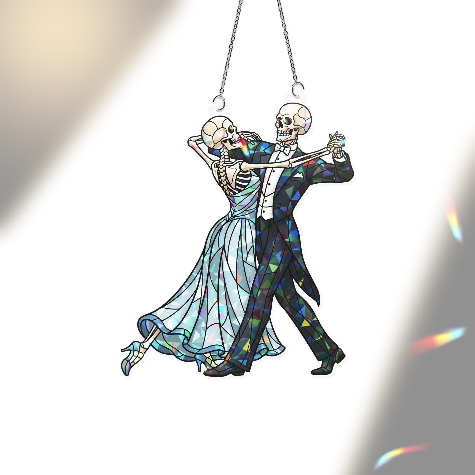 Dancing Skeleton Couple Suncatcher – Gothic Skeleton Wedding Window Hanging, Spooky Romance Halloween Decor, Stained Glass Style