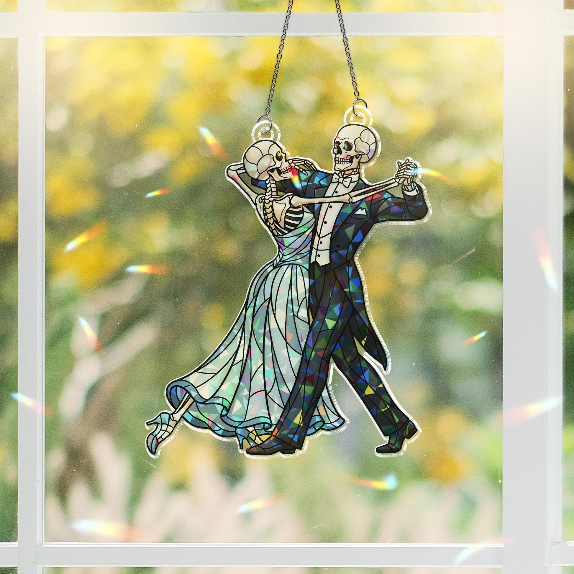 Dancing Skeleton Couple Suncatcher – Gothic Skeleton Wedding Window Hanging, Spooky Romance Halloween Decor, Stained Glass Style