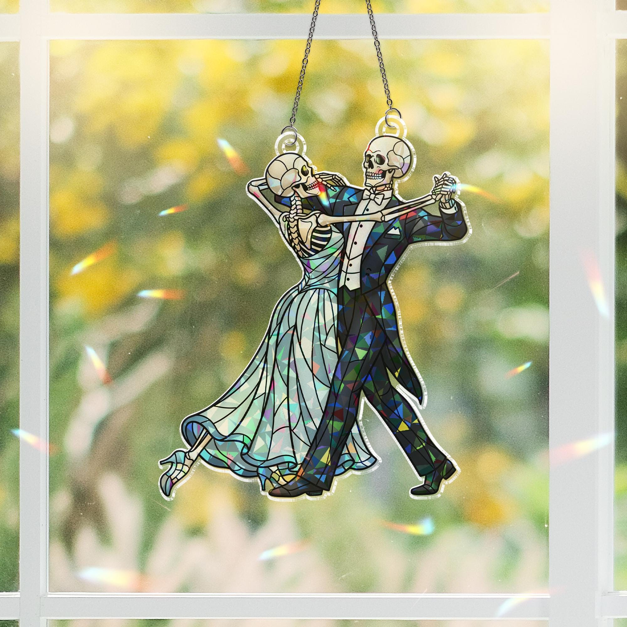 Dancing Skeleton Couple Suncatcher – Gothic Skeleton Wedding Window Hanging, Spooky Romance Halloween Decor, Stained Glass Style