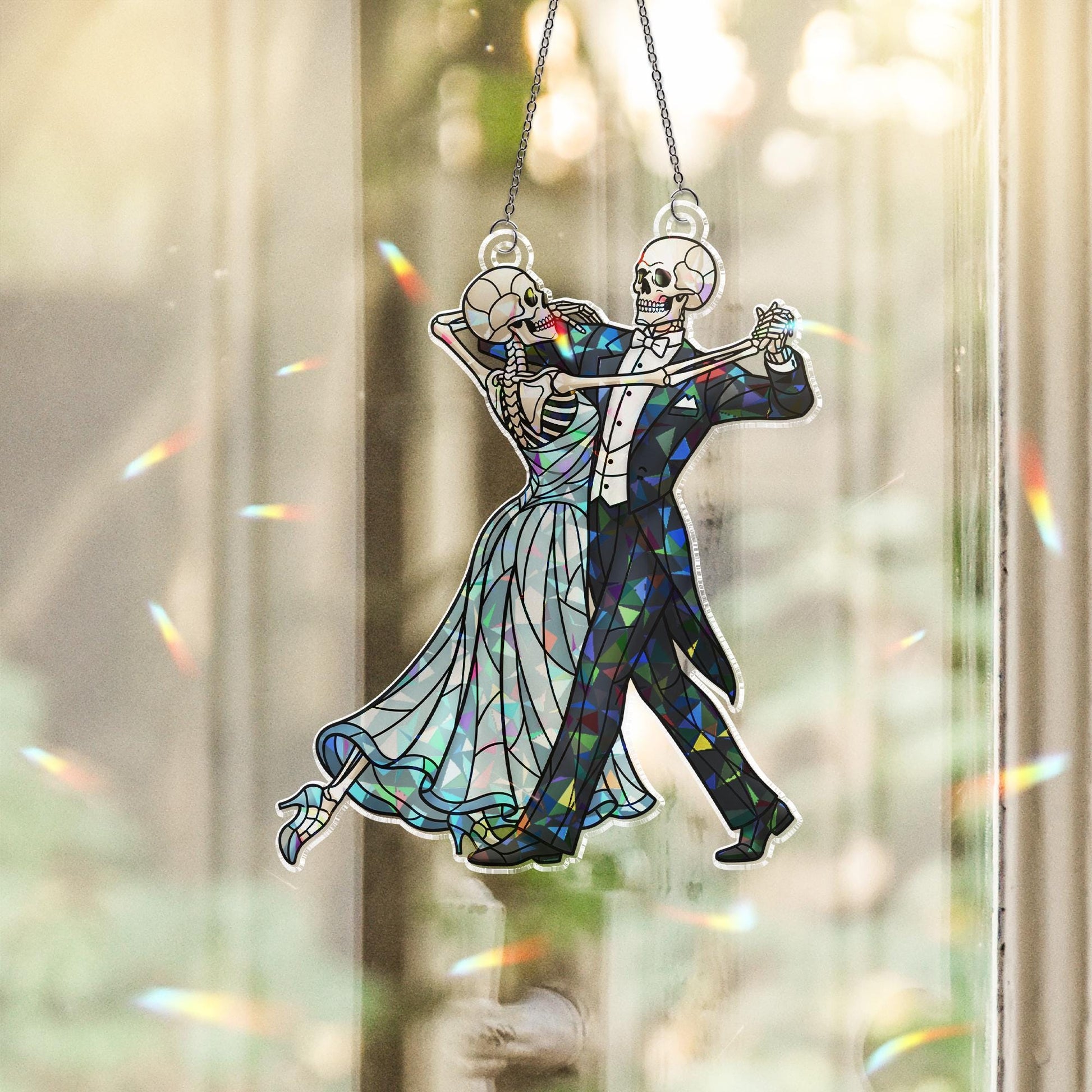 Dancing Skeleton Couple Suncatcher – Gothic Skeleton Wedding Window Hanging, Spooky Romance Halloween Decor, Stained Glass Style