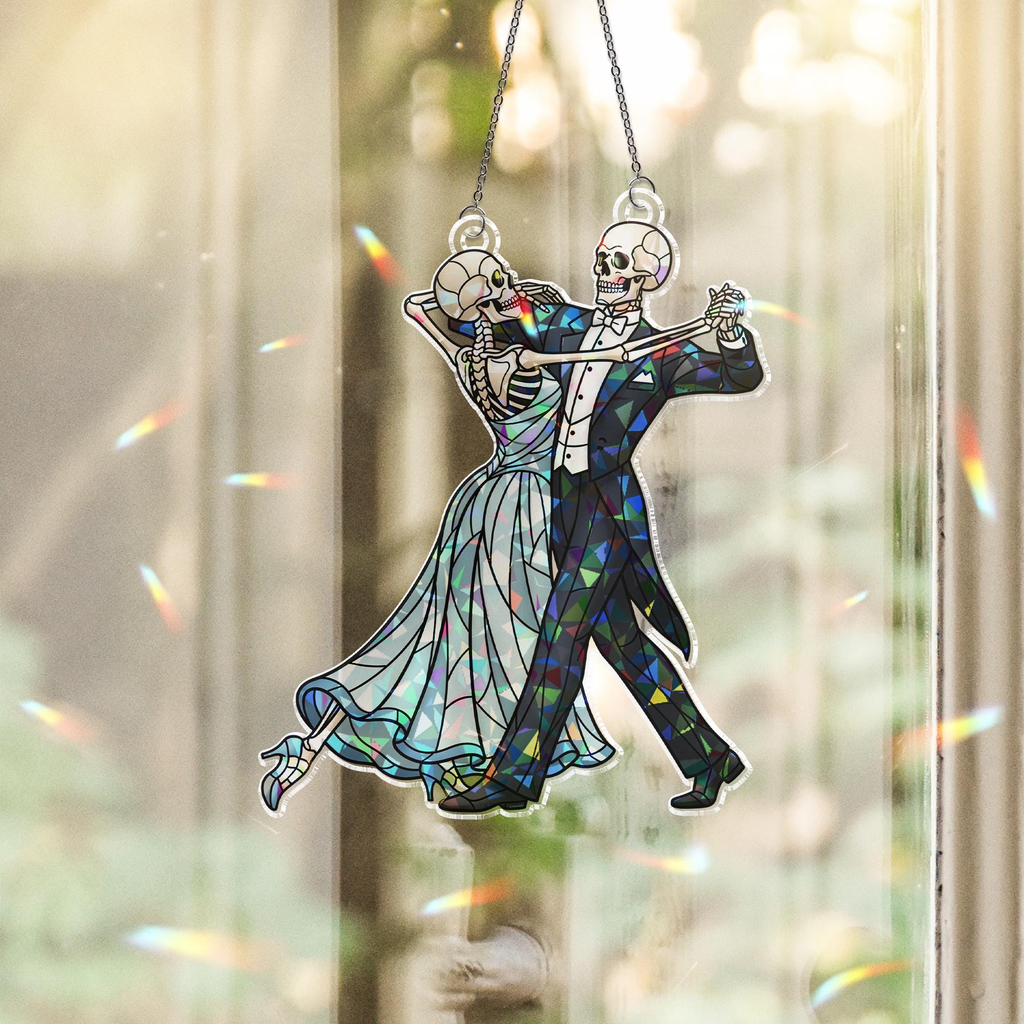 Dancing Skeleton Couple Suncatcher – Gothic Skeleton Wedding Window Hanging, Spooky Romance Halloween Decor, Stained Glass Style