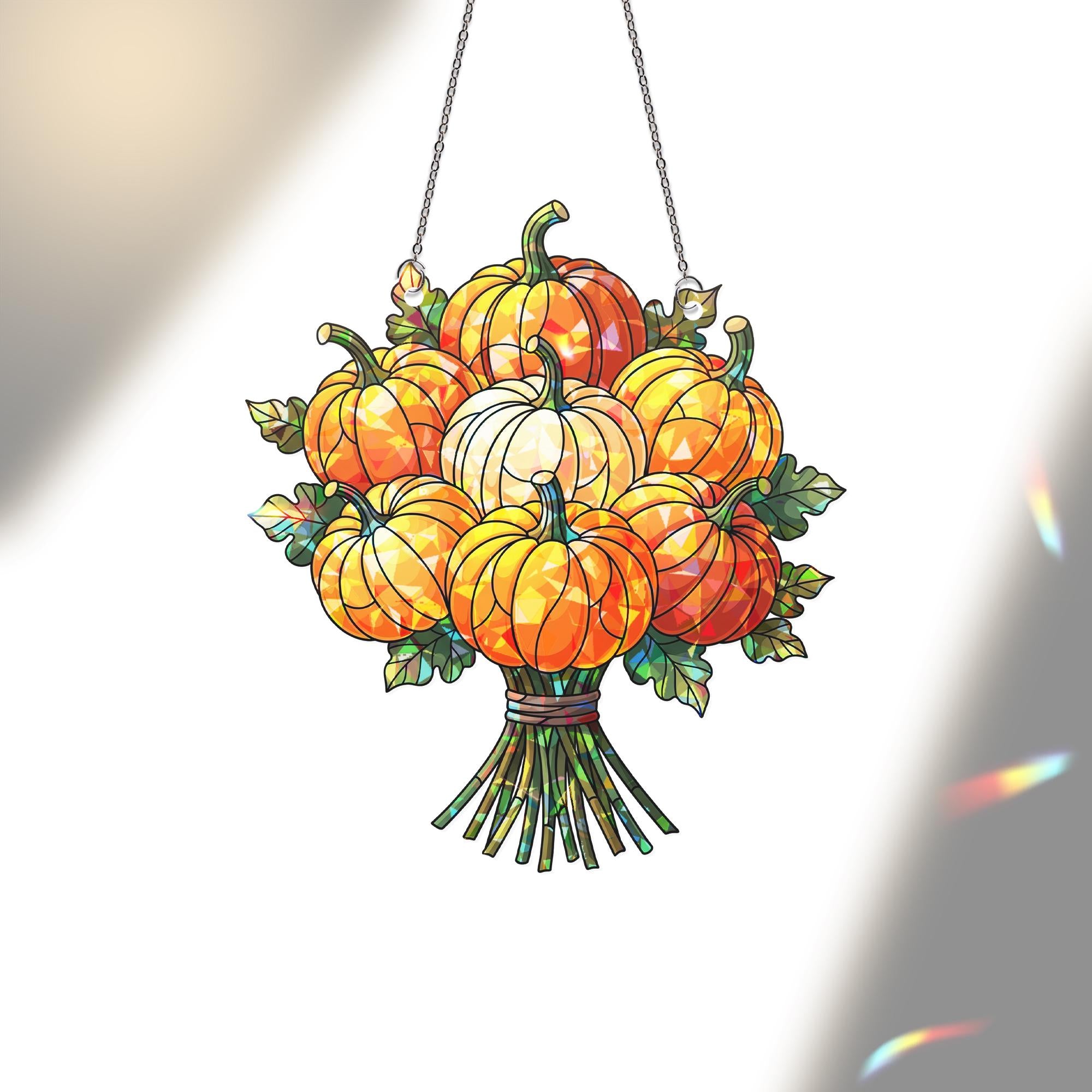 Pumpkin Bouquet Suncatcher – Autumn Window Hanging Decor, Fall Harvest Holographic Pumpkin Decoration, Thanksgiving Sun Catcher Gift