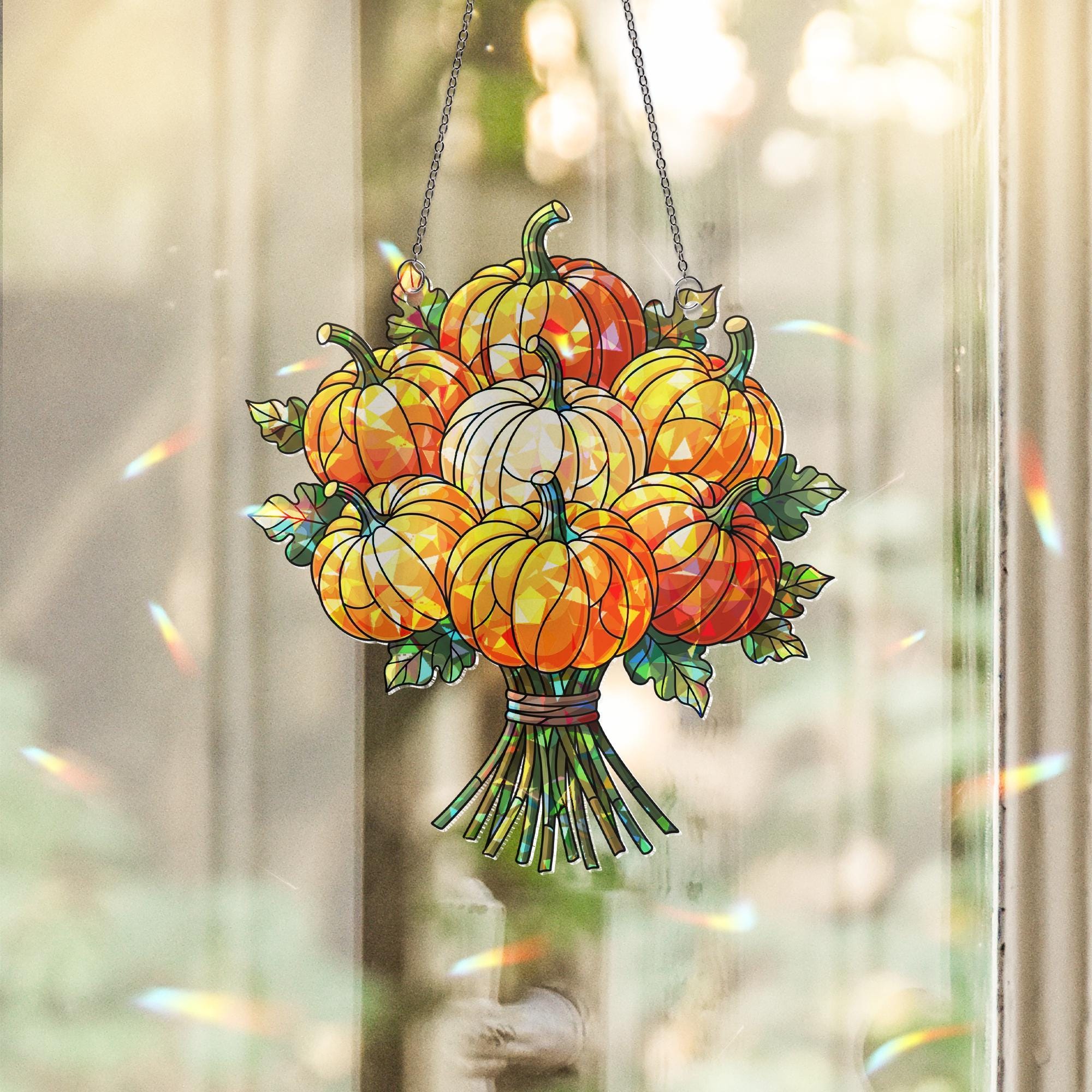 Pumpkin Bouquet Suncatcher – Autumn Window Hanging Decor, Fall Harvest Holographic Pumpkin Decoration, Thanksgiving Sun Catcher Gift