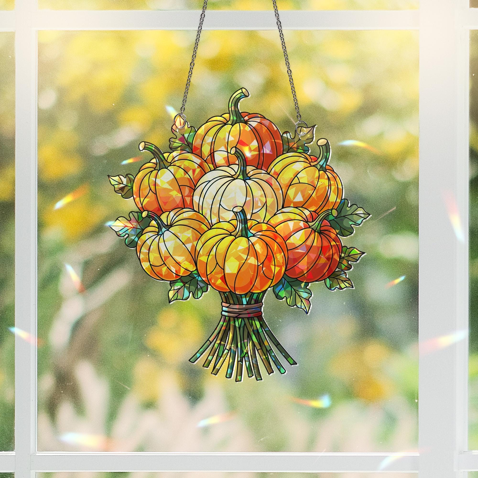 Pumpkin Bouquet Suncatcher – Autumn Window Hanging Decor, Fall Harvest Holographic Pumpkin Decoration, Thanksgiving Sun Catcher Gift