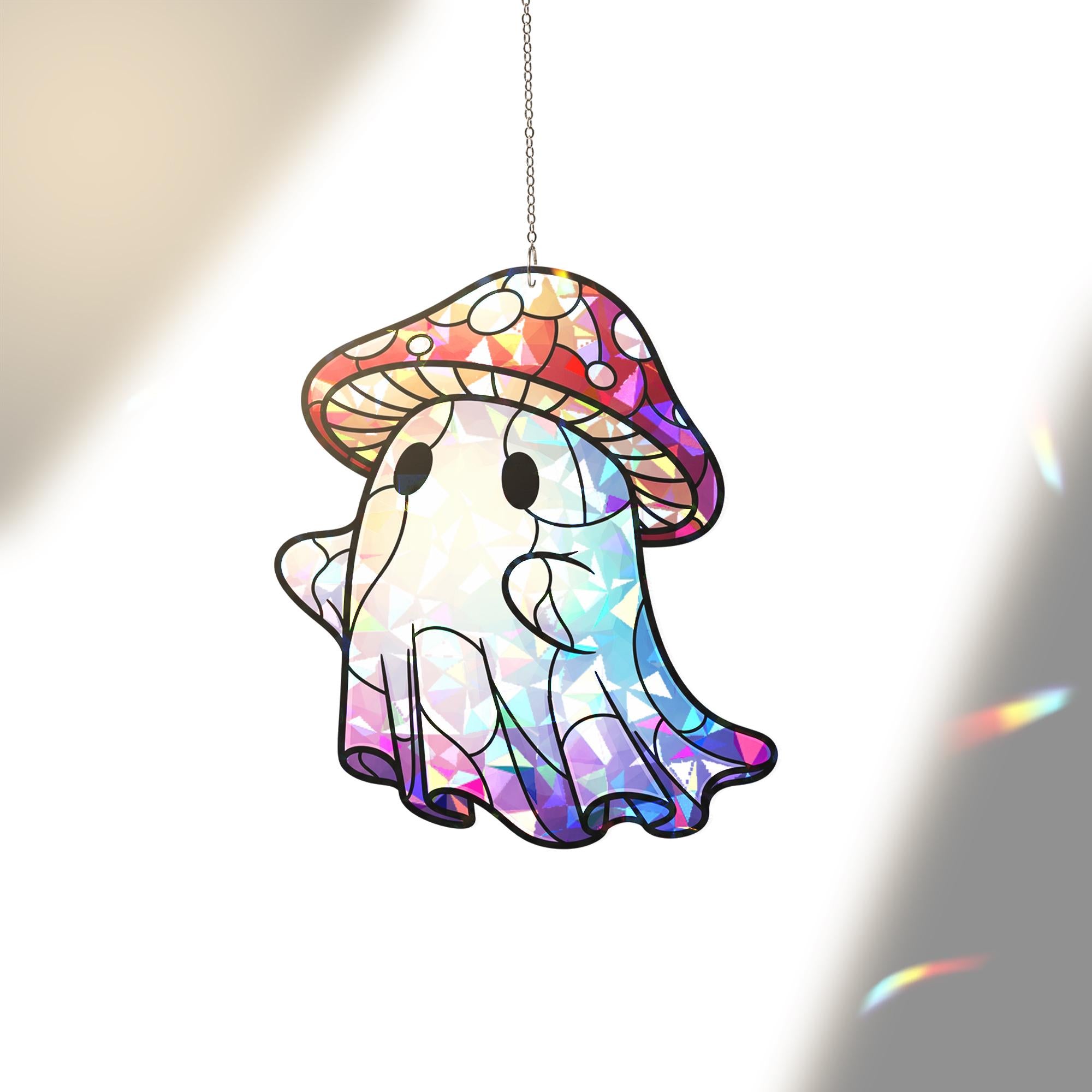 Cute Ghost Mushroom Suncatcher – Holographic Window Hanging Decor, Kawaii Halloween Ghost Sun Catcher, Spooky Cottagecore Gift Idea