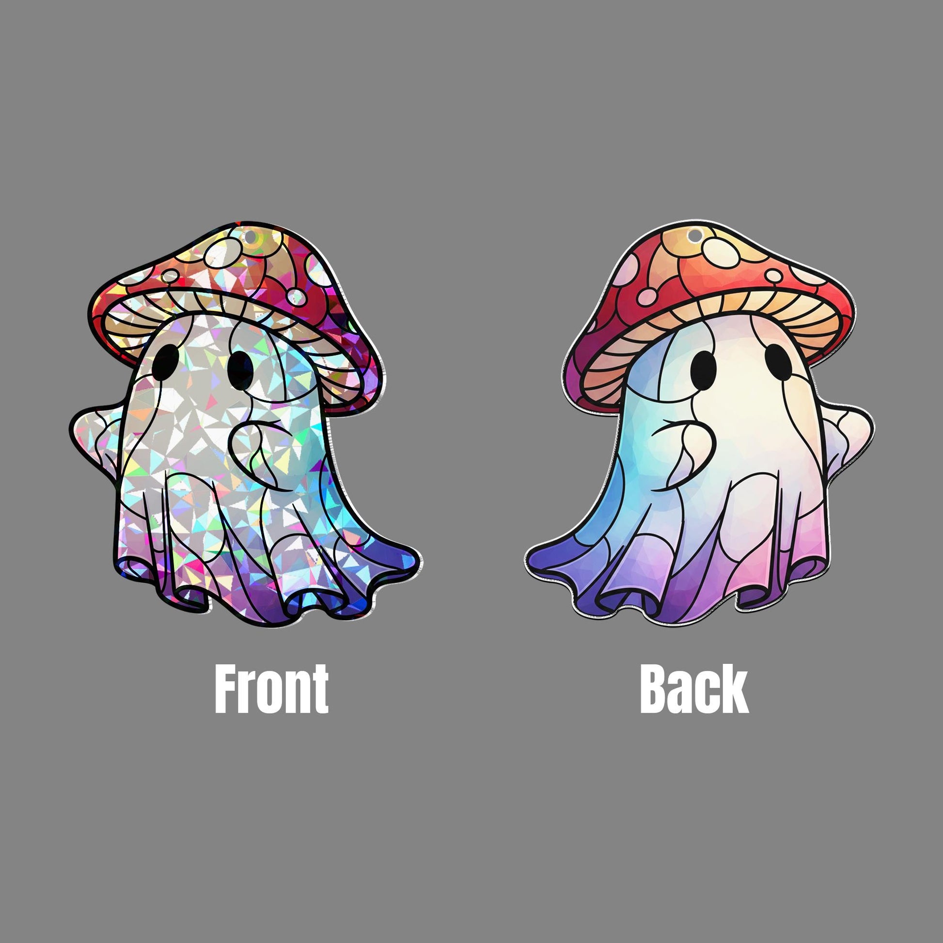 Cute Ghost Mushroom Suncatcher – Holographic Window Hanging Decor, Kawaii Halloween Ghost Sun Catcher, Spooky Cottagecore Gift Idea