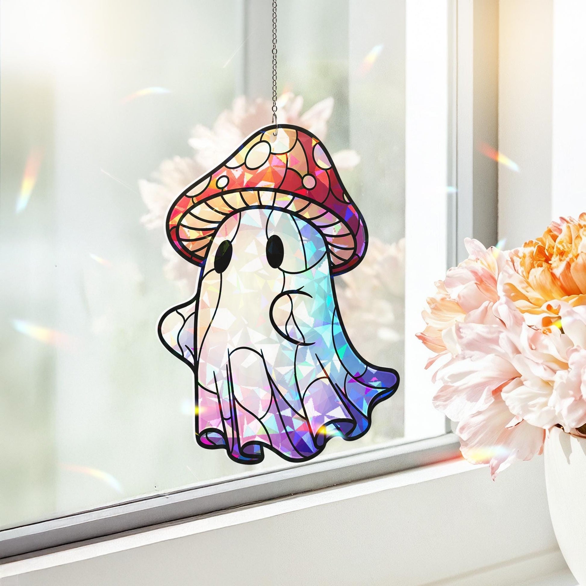 Cute Ghost Mushroom Suncatcher – Holographic Window Hanging Decor, Kawaii Halloween Ghost Sun Catcher, Spooky Cottagecore Gift Idea