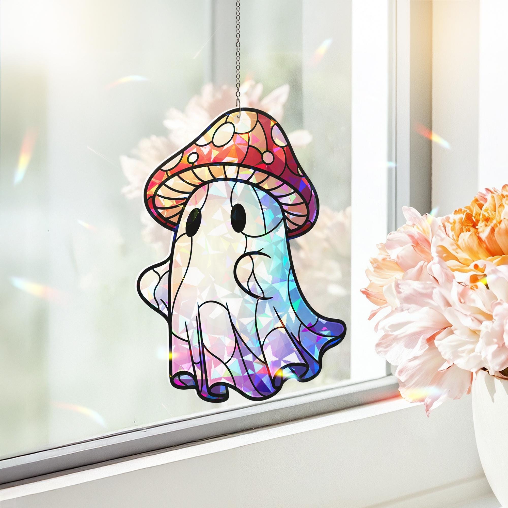 Cute Ghost Mushroom Suncatcher – Holographic Window Hanging Decor, Kawaii Halloween Ghost Sun Catcher, Spooky Cottagecore Gift Idea