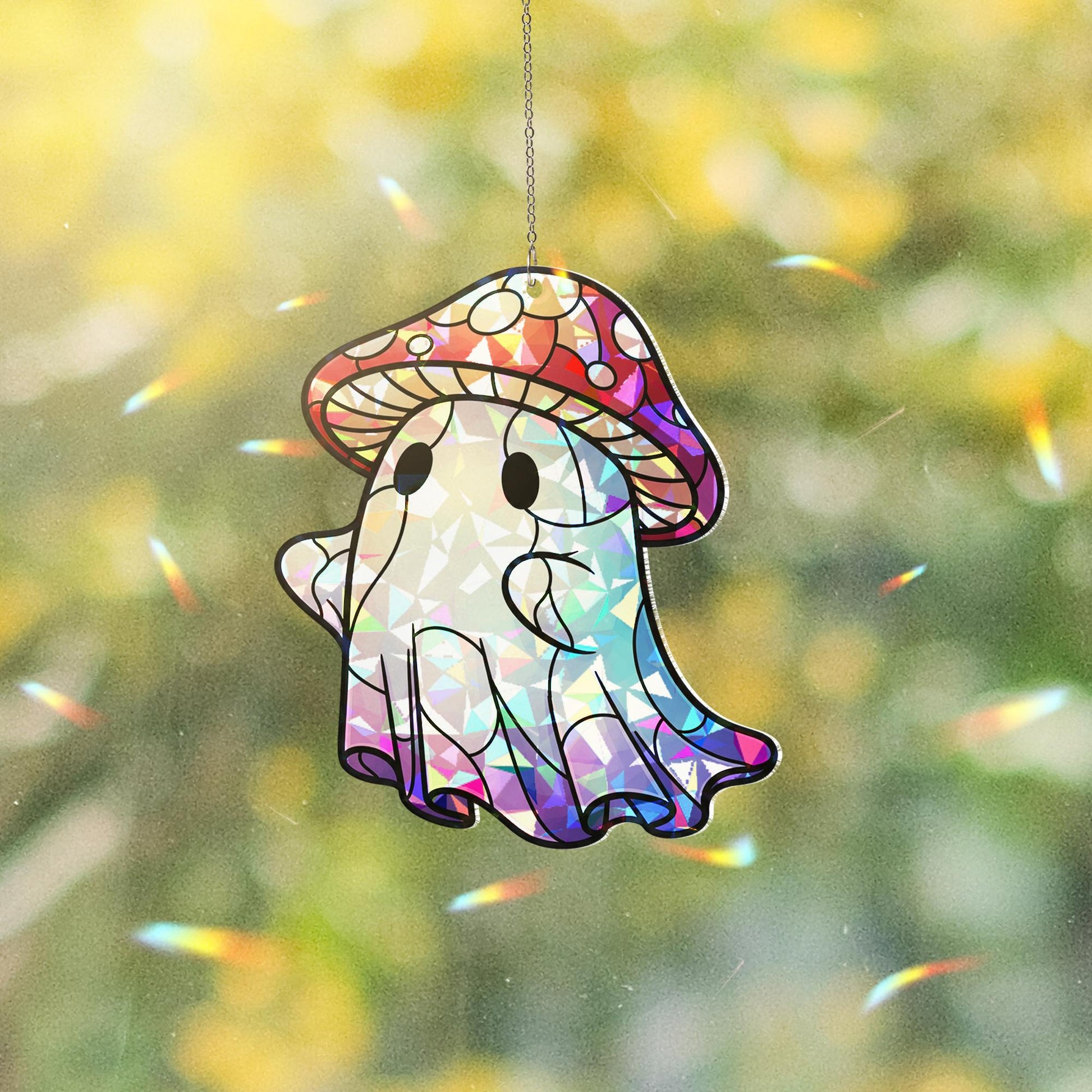 Cute Ghost Mushroom Suncatcher – Holographic Window Hanging Decor, Kawaii Halloween Ghost Sun Catcher, Spooky Cottagecore Gift Idea