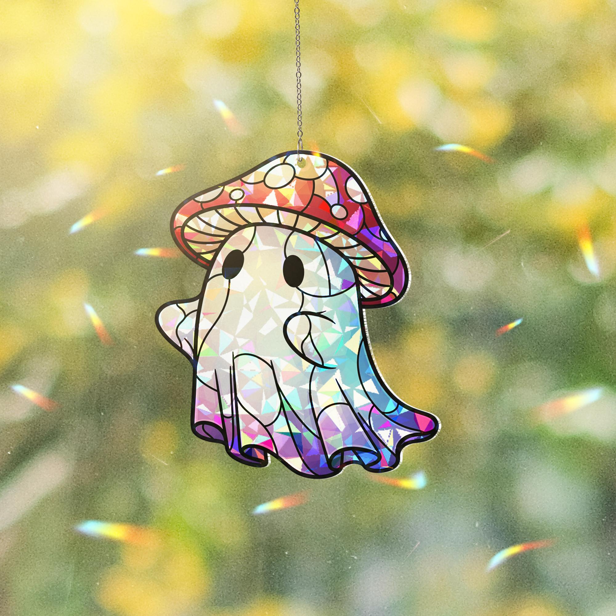 Cute Ghost Mushroom Suncatcher – Holographic Window Hanging Decor, Kawaii Halloween Ghost Sun Catcher, Spooky Cottagecore Gift Idea