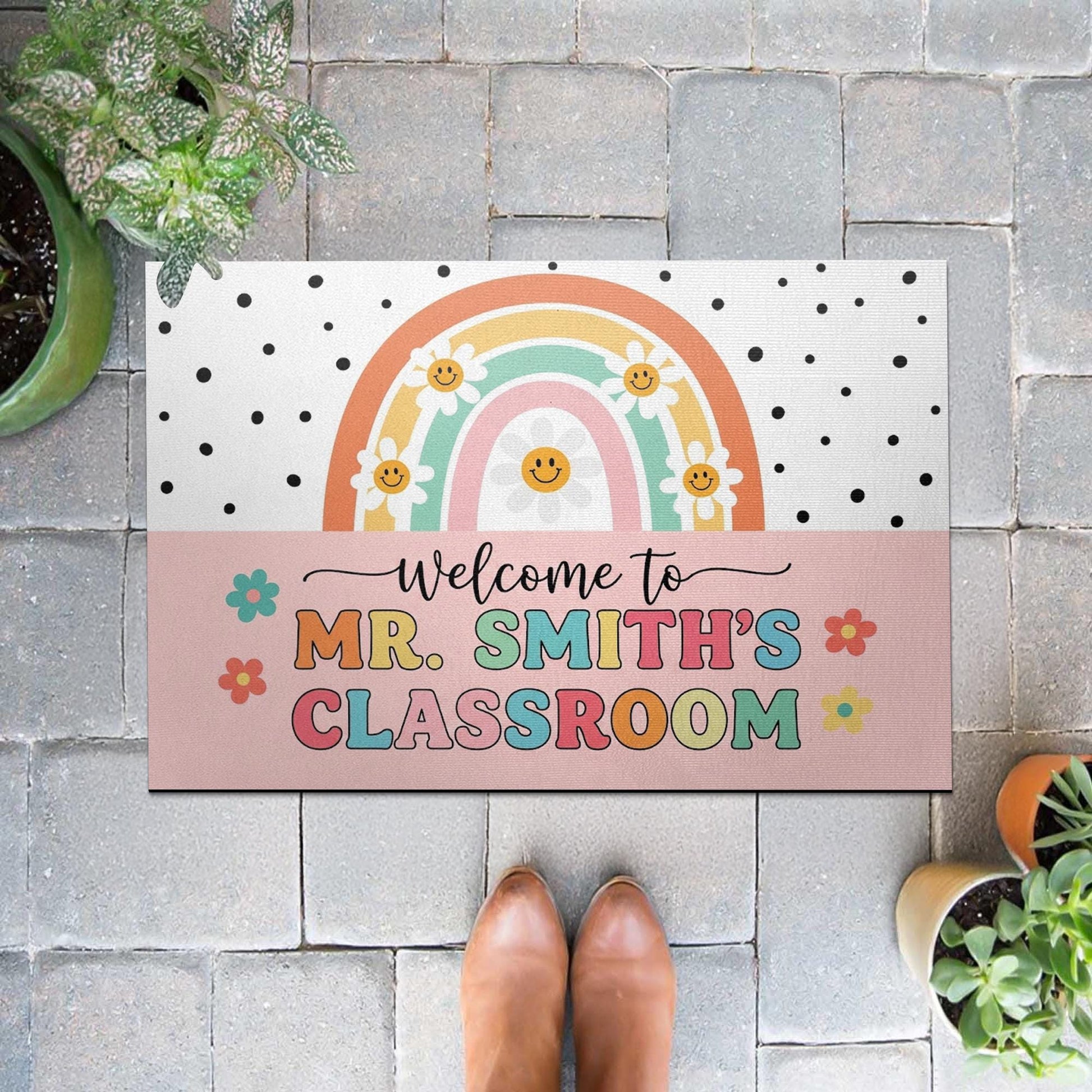 Personalized Teacher Doormat, Custom Teacher Classroom Rug, Back to School Welcome Mat, Rainbow Smile Entry Sign for School