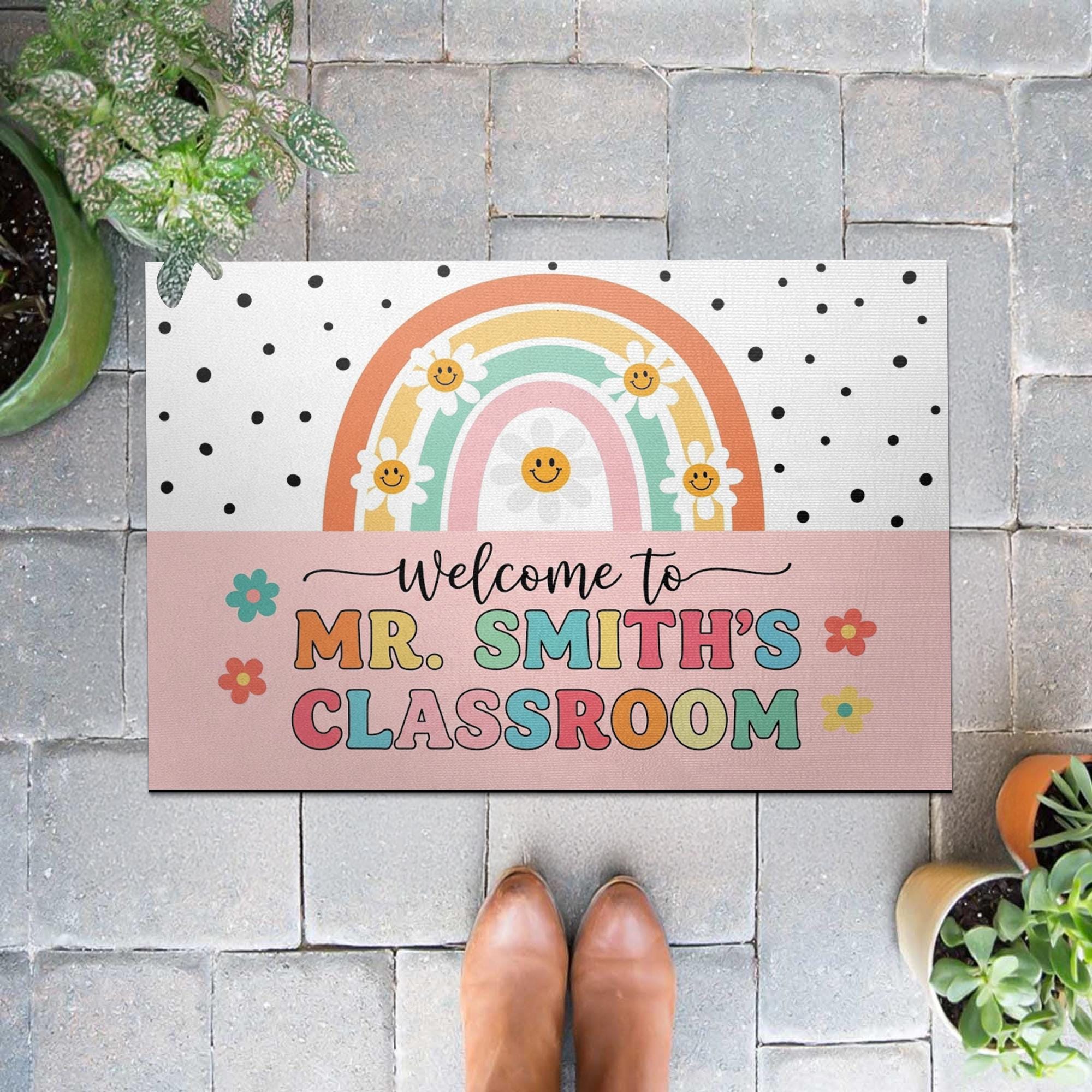 Personalized Teacher Doormat, Custom Teacher Classroom Rug, Back to School Welcome Mat, Rainbow Smile Entry Sign for School