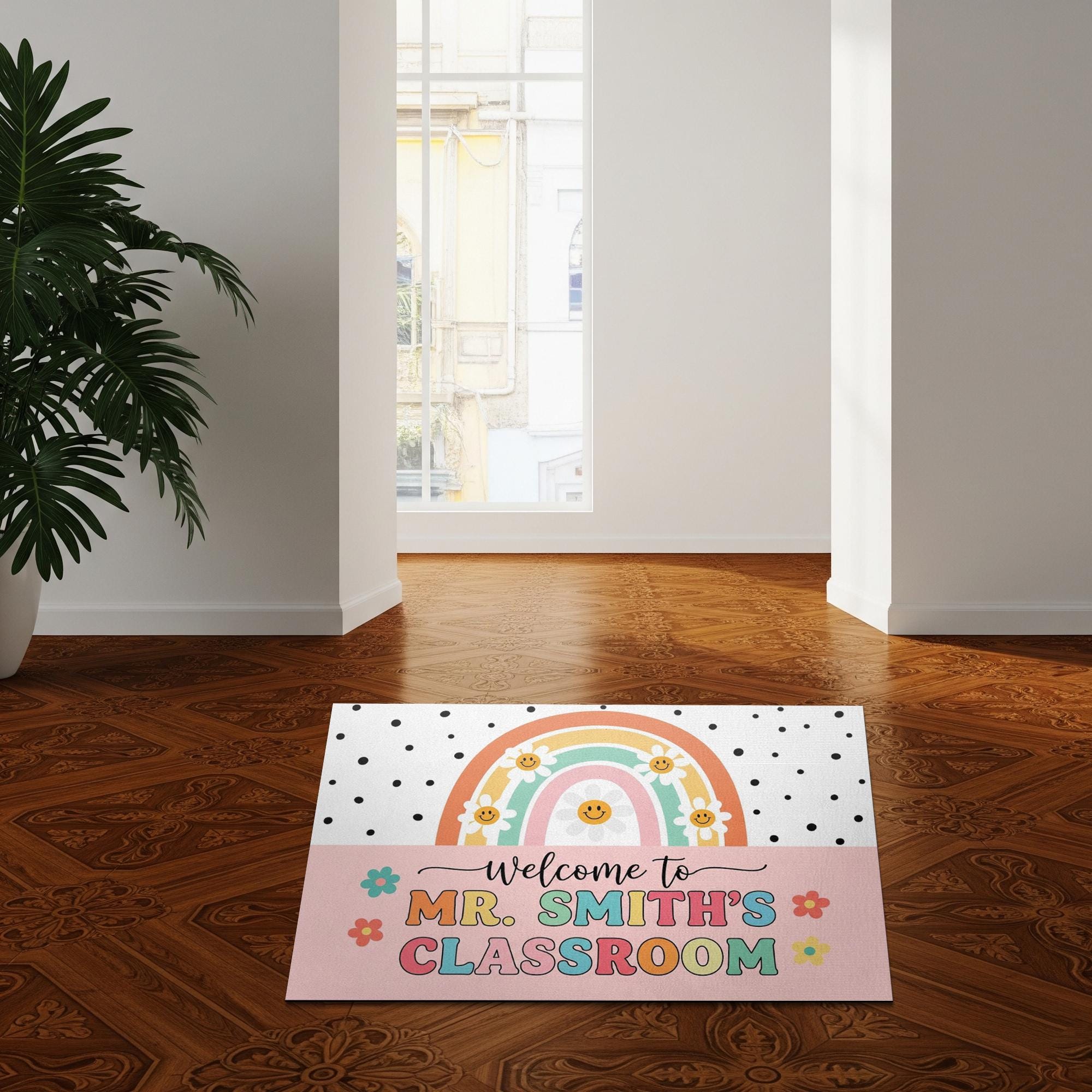 Personalized Teacher Doormat, Custom Teacher Classroom Rug, Back to School Welcome Mat, Rainbow Smile Entry Sign for School