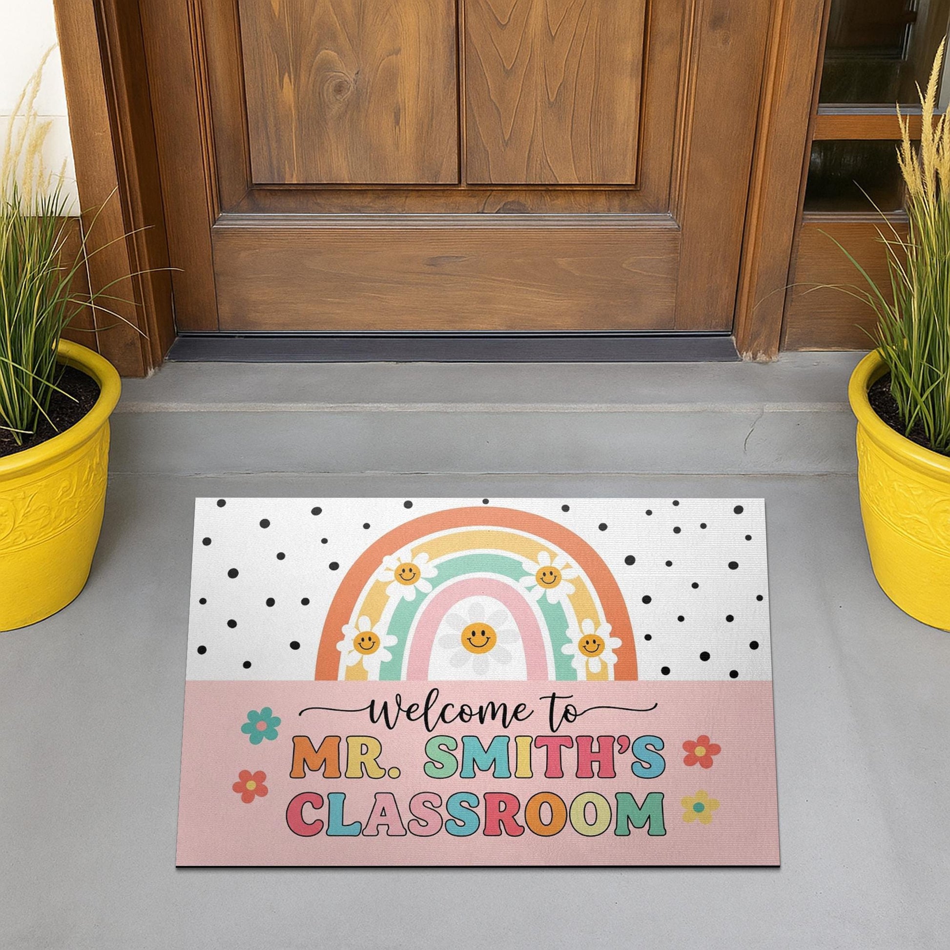 Personalized Teacher Doormat, Custom Teacher Classroom Rug, Back to School Welcome Mat, Rainbow Smile Entry Sign for School
