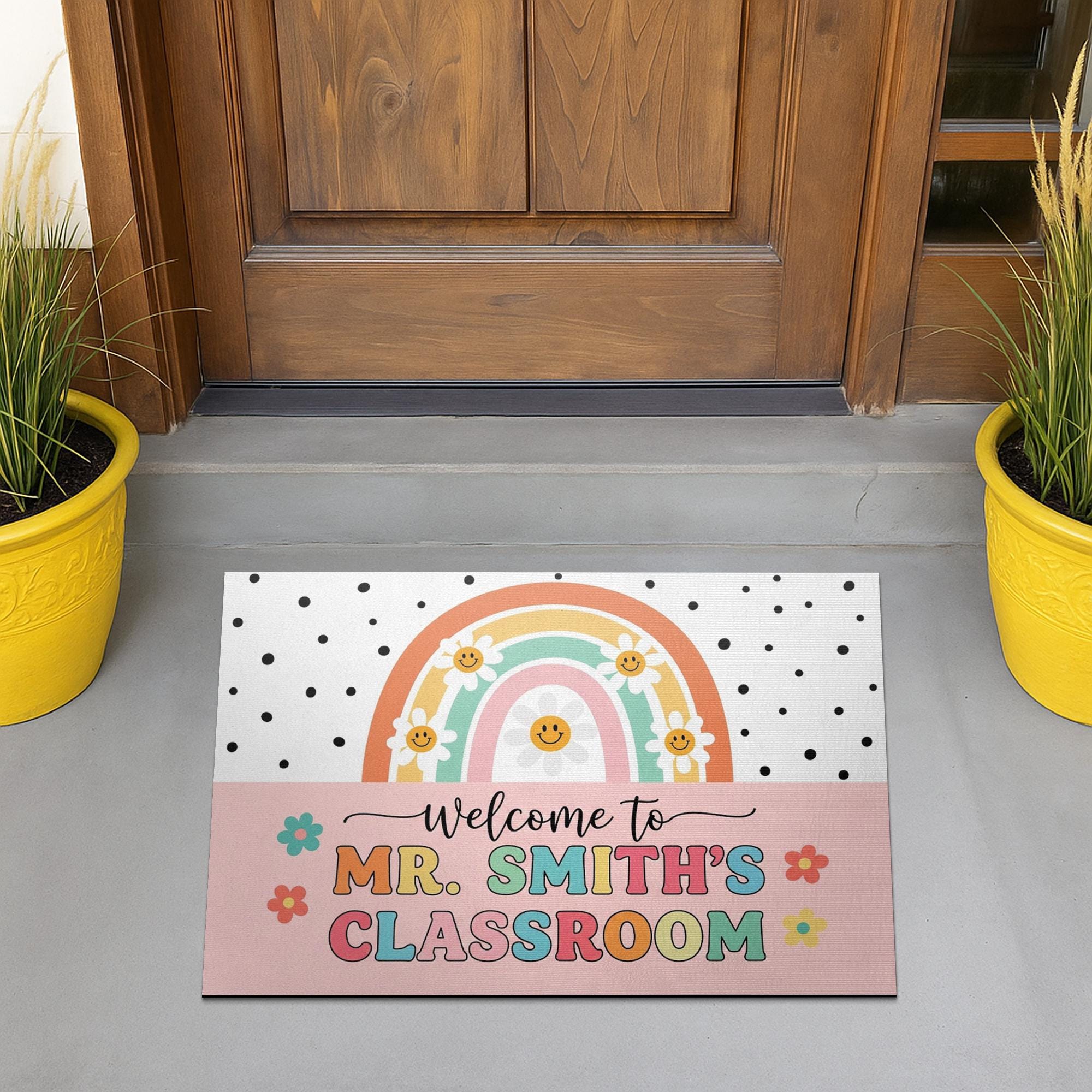 Personalized Teacher Doormat, Custom Teacher Classroom Rug, Back to School Welcome Mat, Rainbow Smile Entry Sign for School