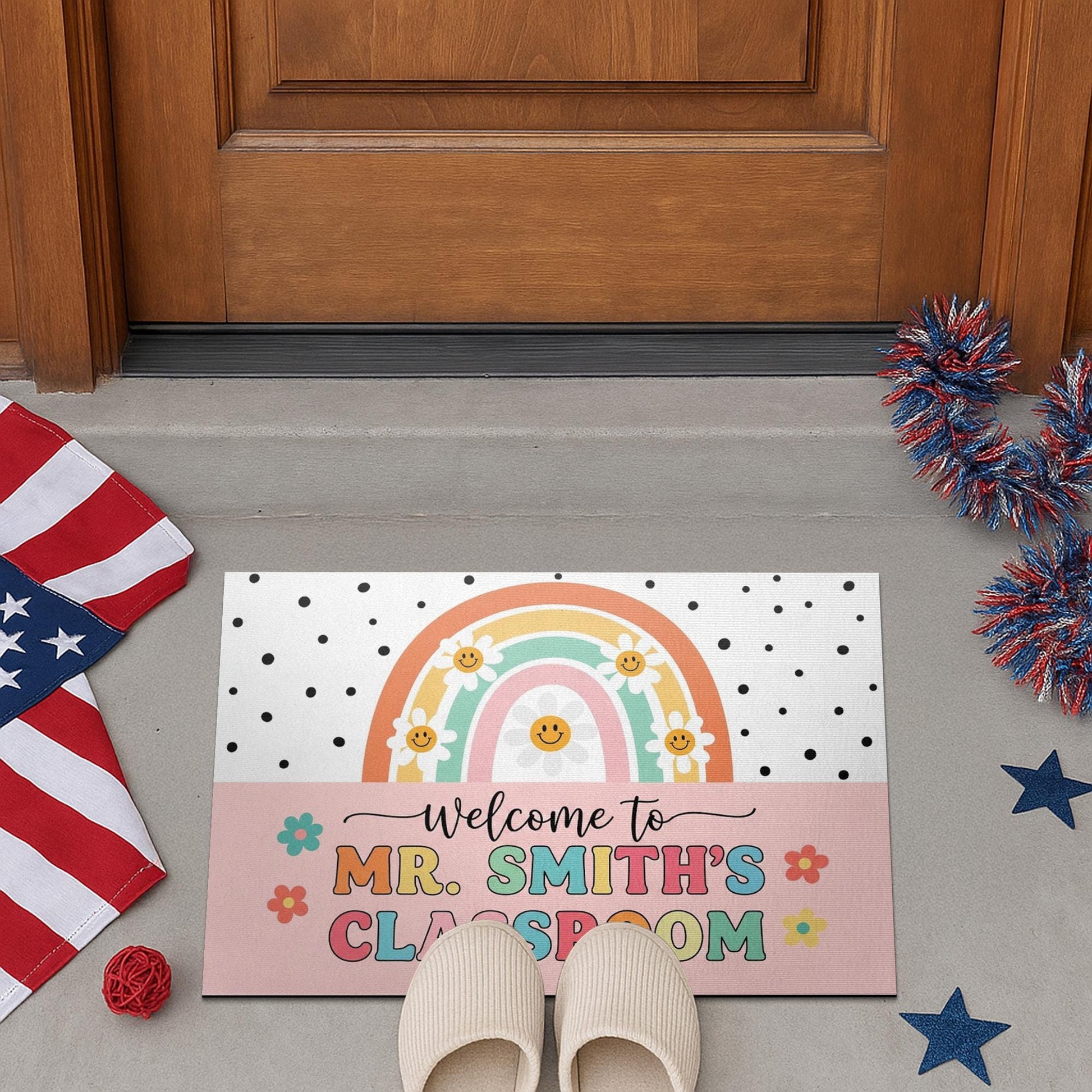 Personalized Teacher Doormat, Custom Teacher Classroom Rug, Back to School Welcome Mat, Rainbow Smile Entry Sign for School