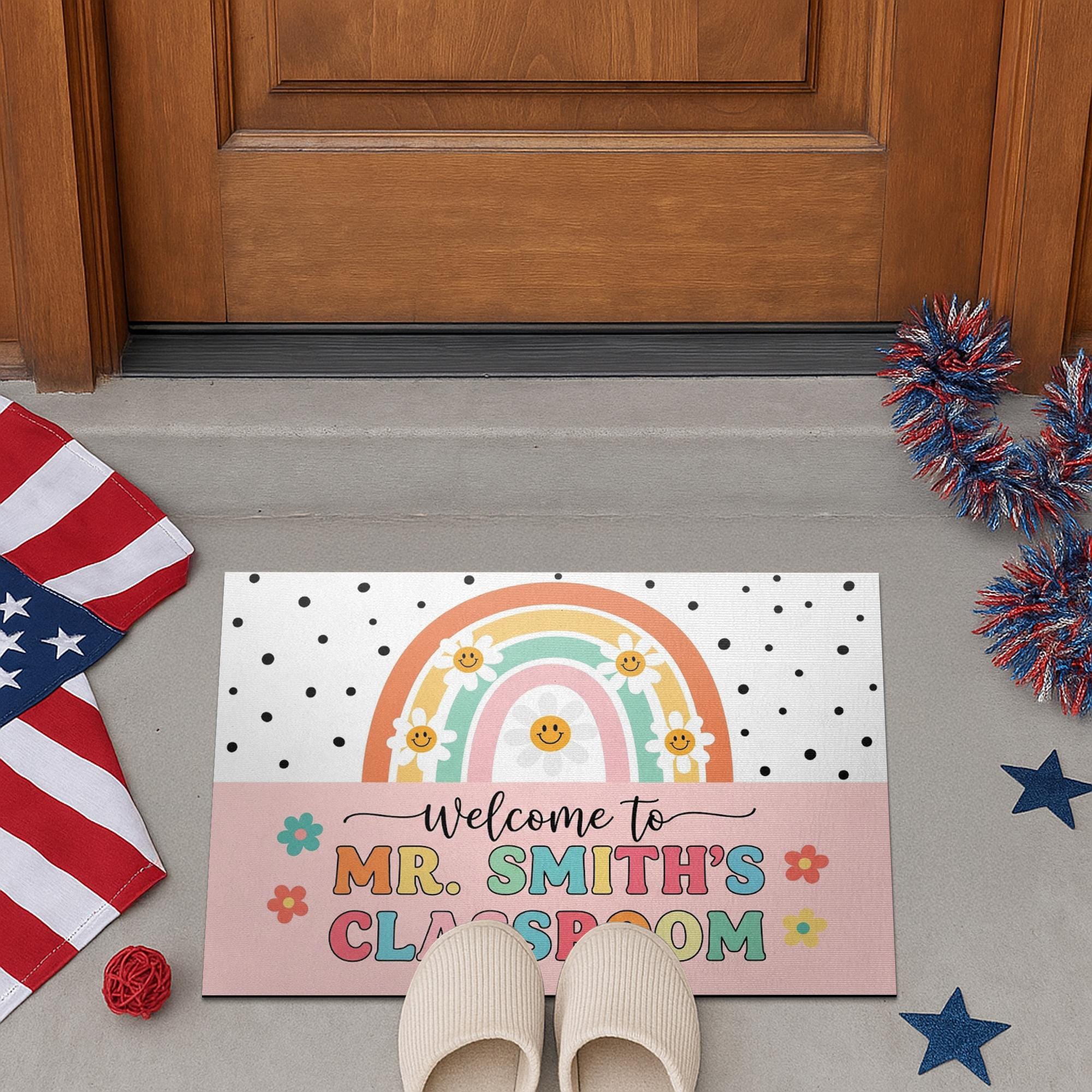 Personalized Teacher Doormat, Custom Teacher Classroom Rug, Back to School Welcome Mat, Rainbow Smile Entry Sign for School