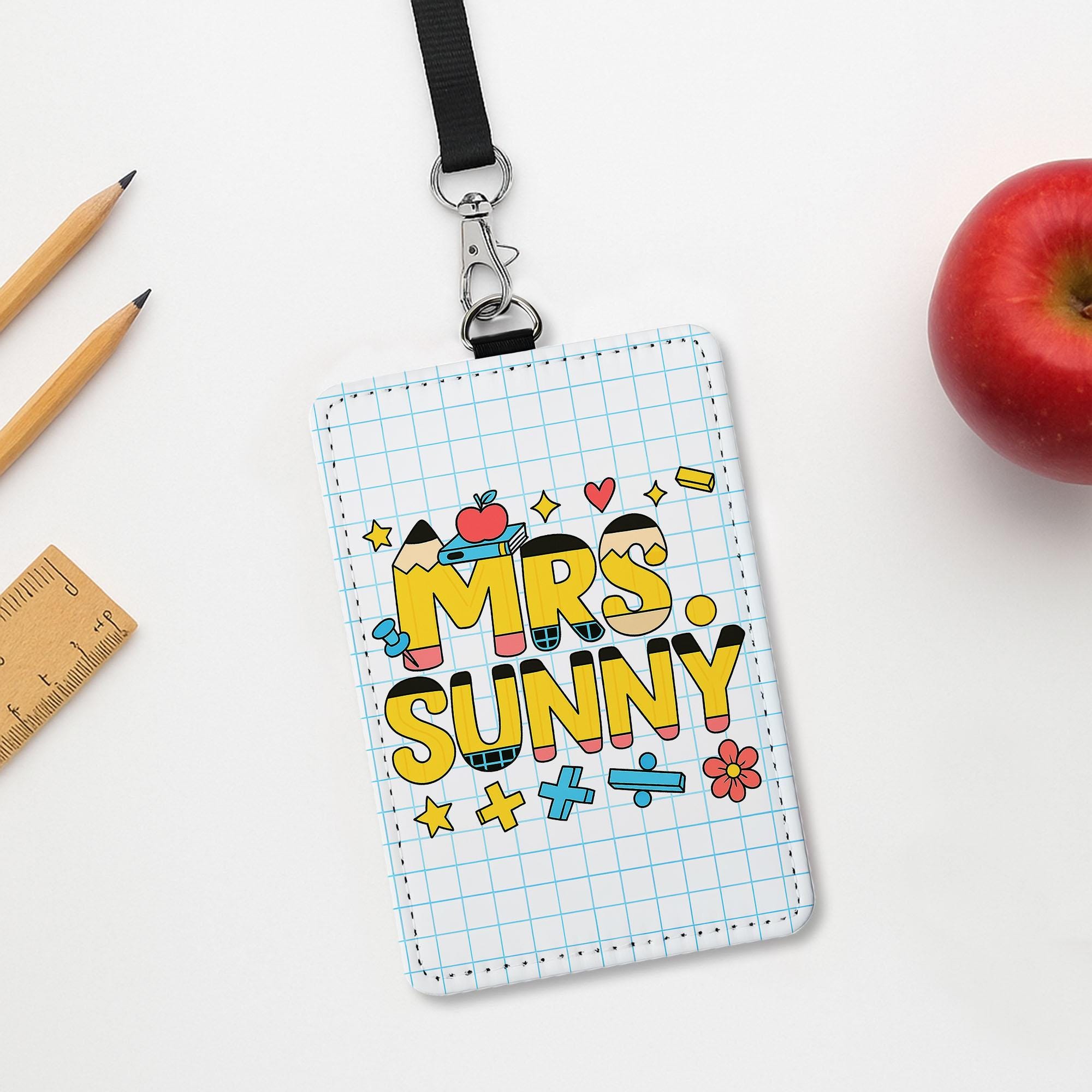 Personalized Teacher ID Badge Holder for Teacher, Cute Grid Design School Name Tag, Classroom Lanyard Accessory Gift