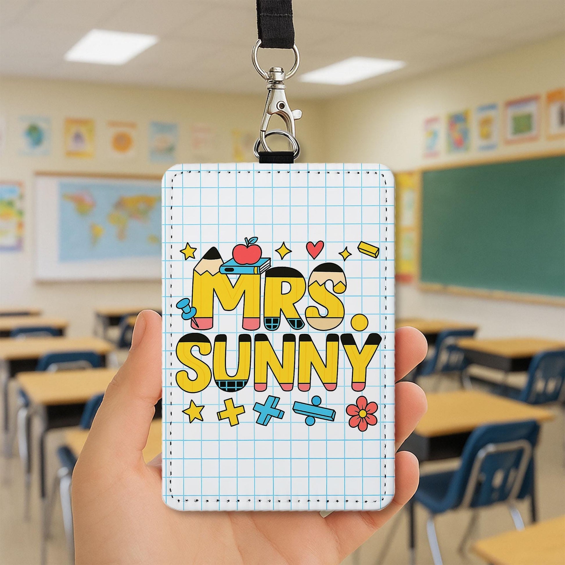Personalized Teacher ID Badge Holder for Teacher, Cute Grid Design School Name Tag, Classroom Lanyard Accessory Gift