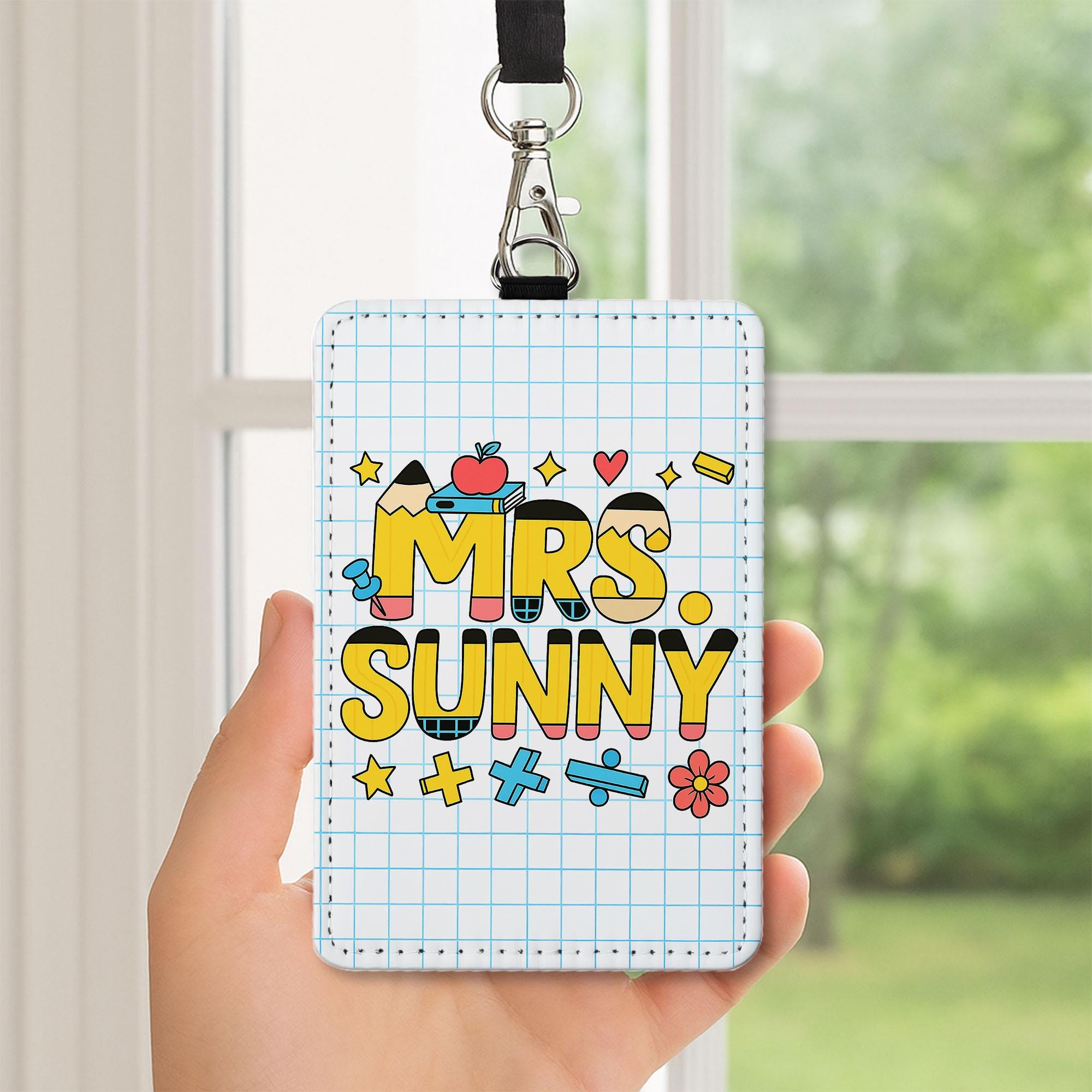 Personalized Teacher ID Badge Holder for Teacher, Cute Grid Design School Name Tag, Classroom Lanyard Accessory Gift
