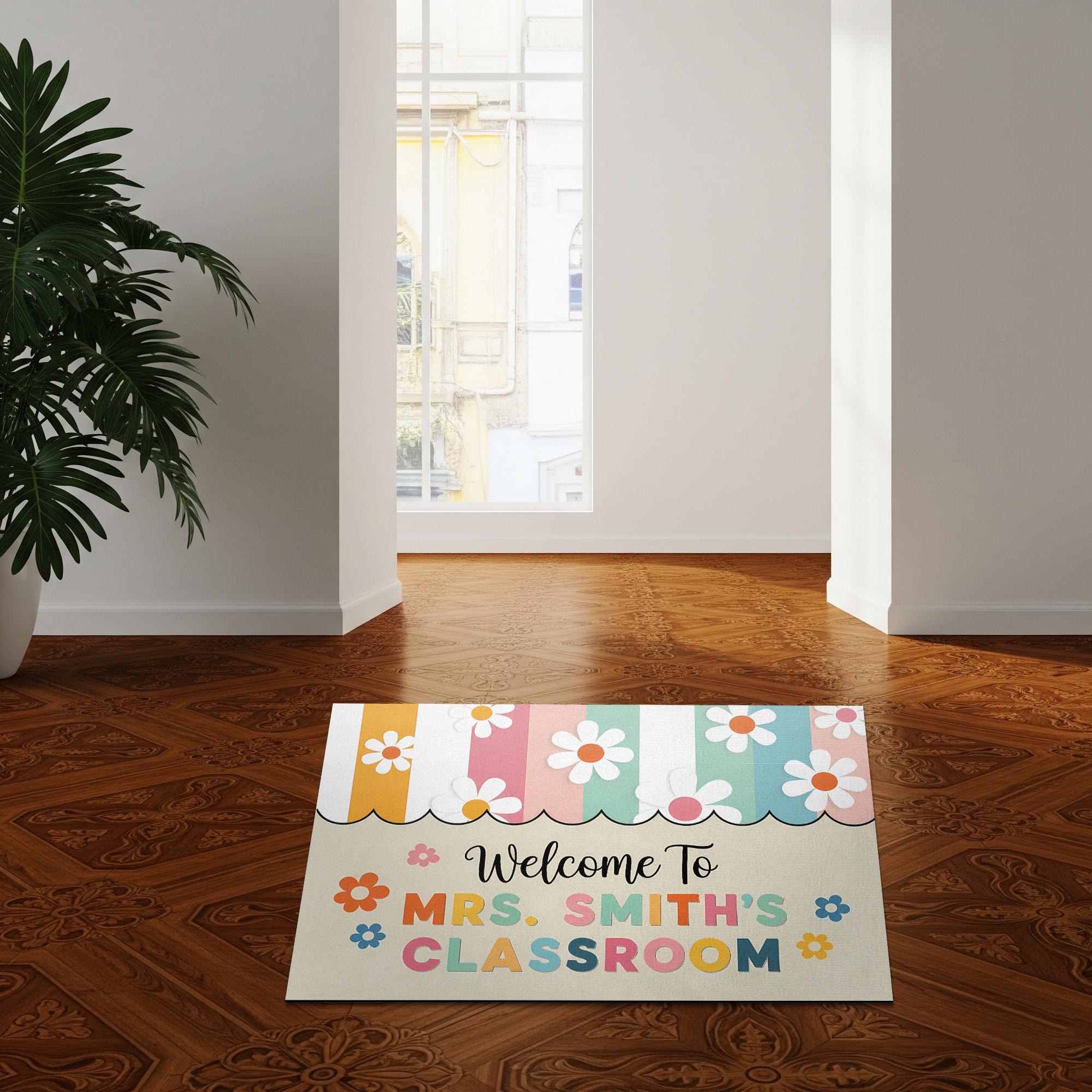 Personalized Teacher Doormat, Welcome to Classroom Mat, Floral Back to School Rug, Custom Teacher Gift, Classroom Entry Doormat