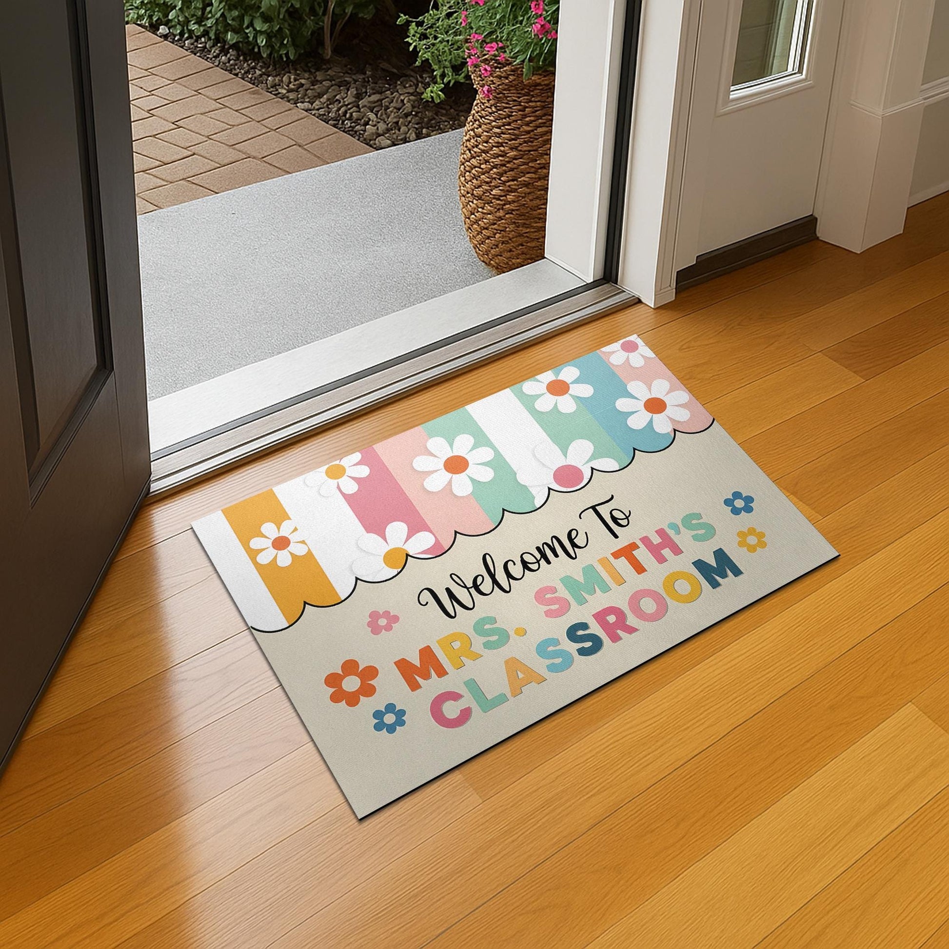 Personalized Teacher Doormat, Welcome to Classroom Mat, Floral Back to School Rug, Custom Teacher Gift, Classroom Entry Doormat