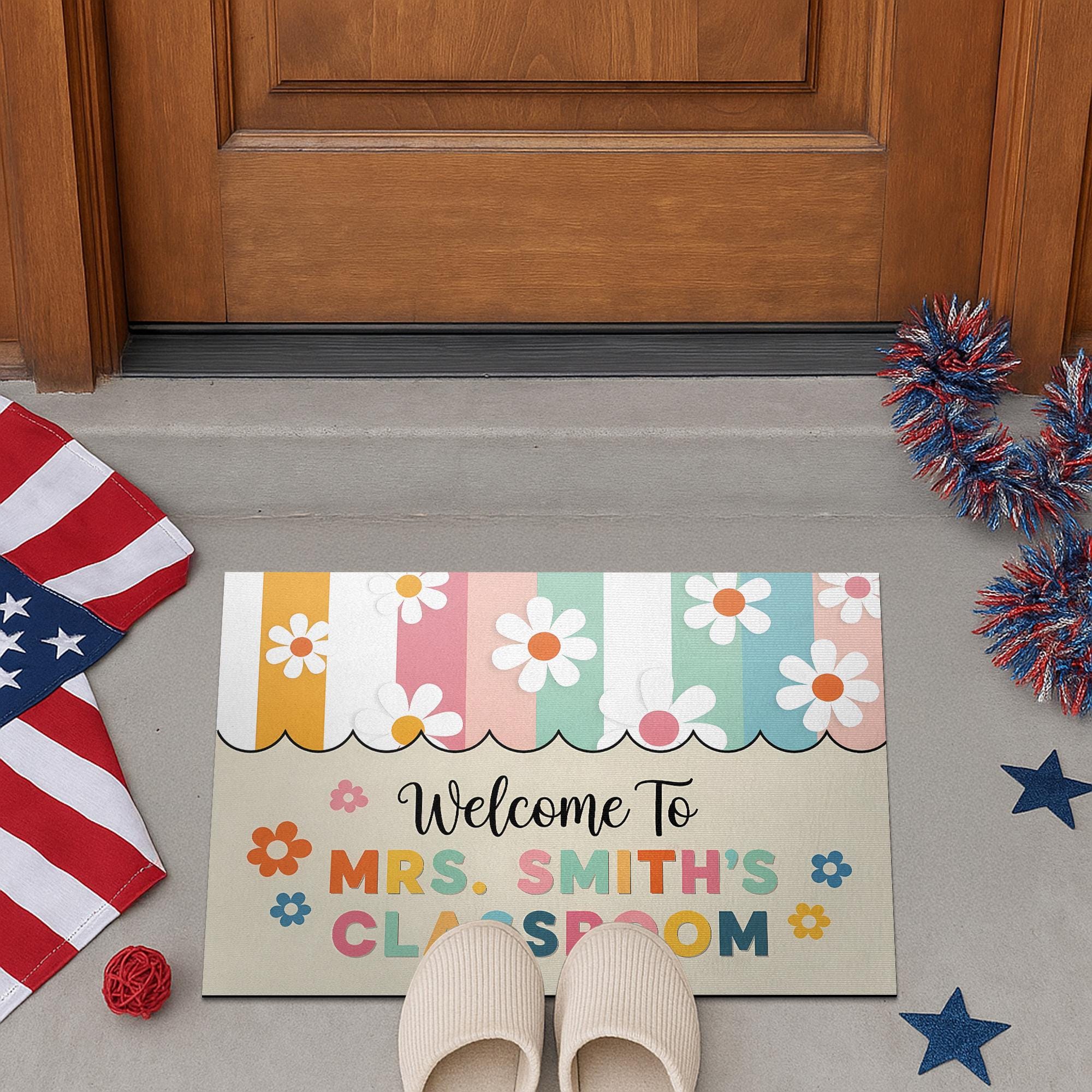 Personalized Teacher Doormat, Welcome to Classroom Mat, Floral Back to School Rug, Custom Teacher Gift, Classroom Entry Doormat