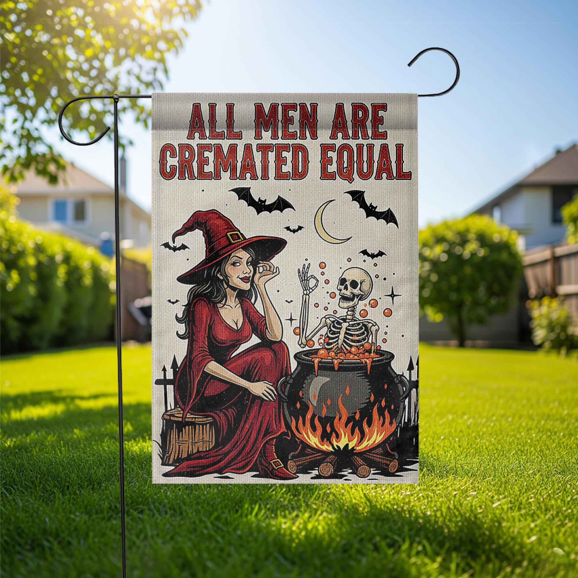 Funny Halloween Witch Garden Flag – All Men Are Cremated Equal, Spooky Skeleton Cauldron Outdoor Yard Decor, Dark Humor Fall Flag