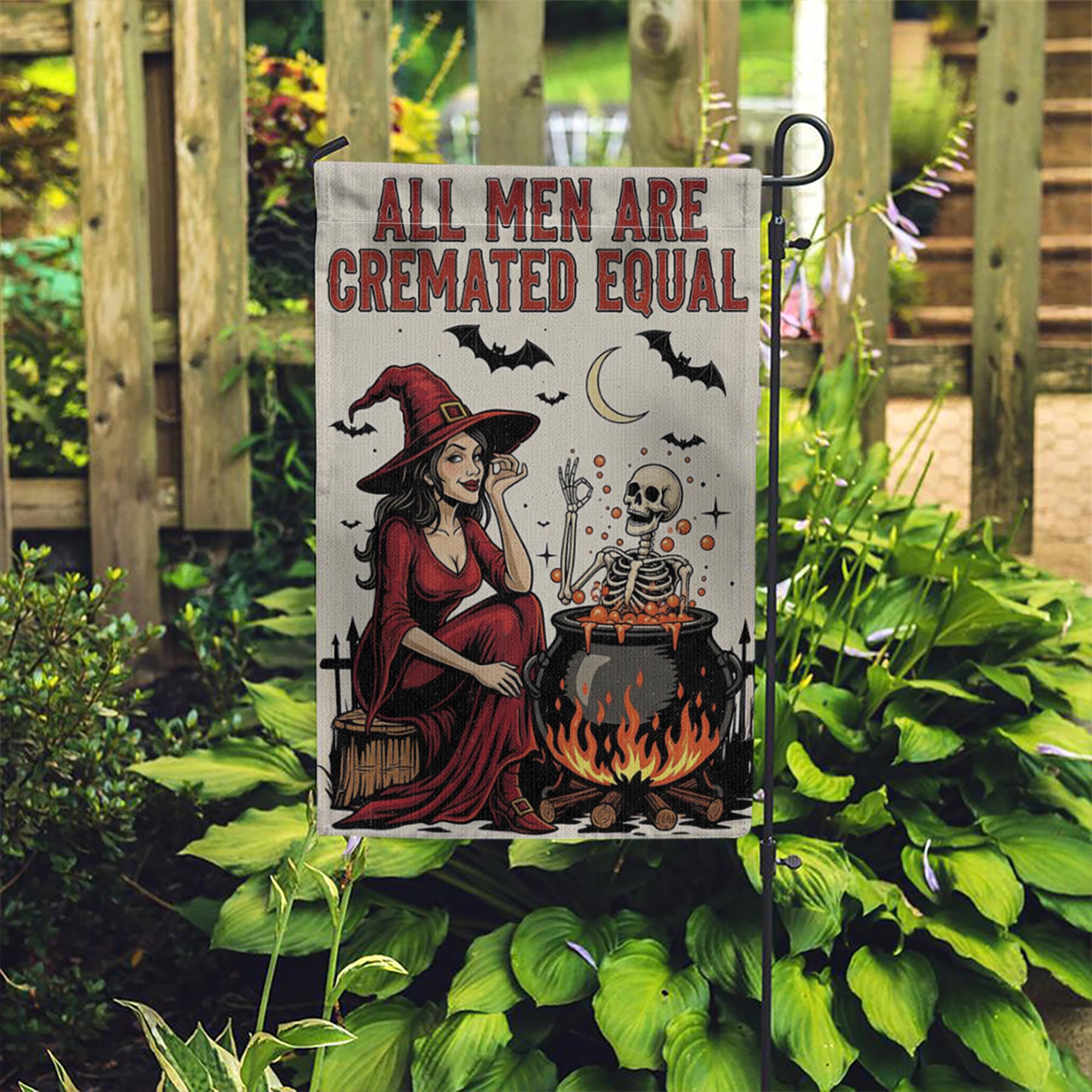 Funny Halloween Witch Garden Flag – All Men Are Cremated Equal, Spooky Skeleton Cauldron Outdoor Yard Decor, Dark Humor Fall Flag