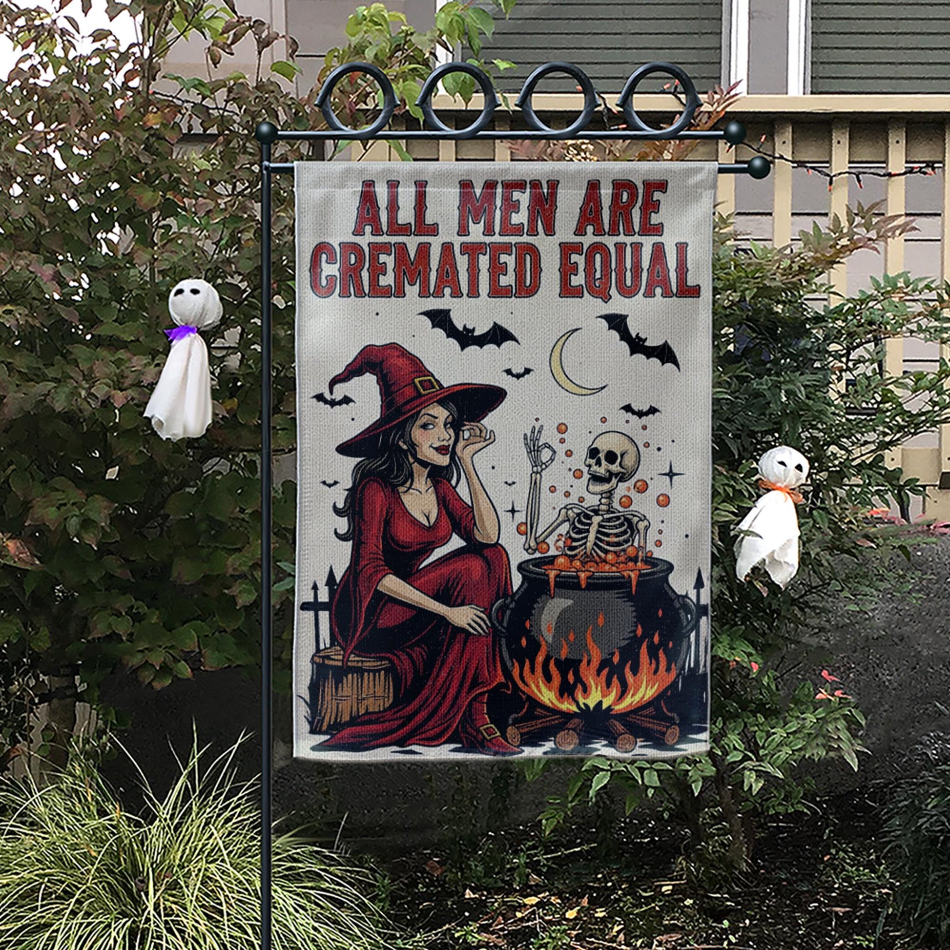 Funny Halloween Witch Garden Flag – All Men Are Cremated Equal, Spooky Skeleton Cauldron Outdoor Yard Decor, Dark Humor Fall Flag