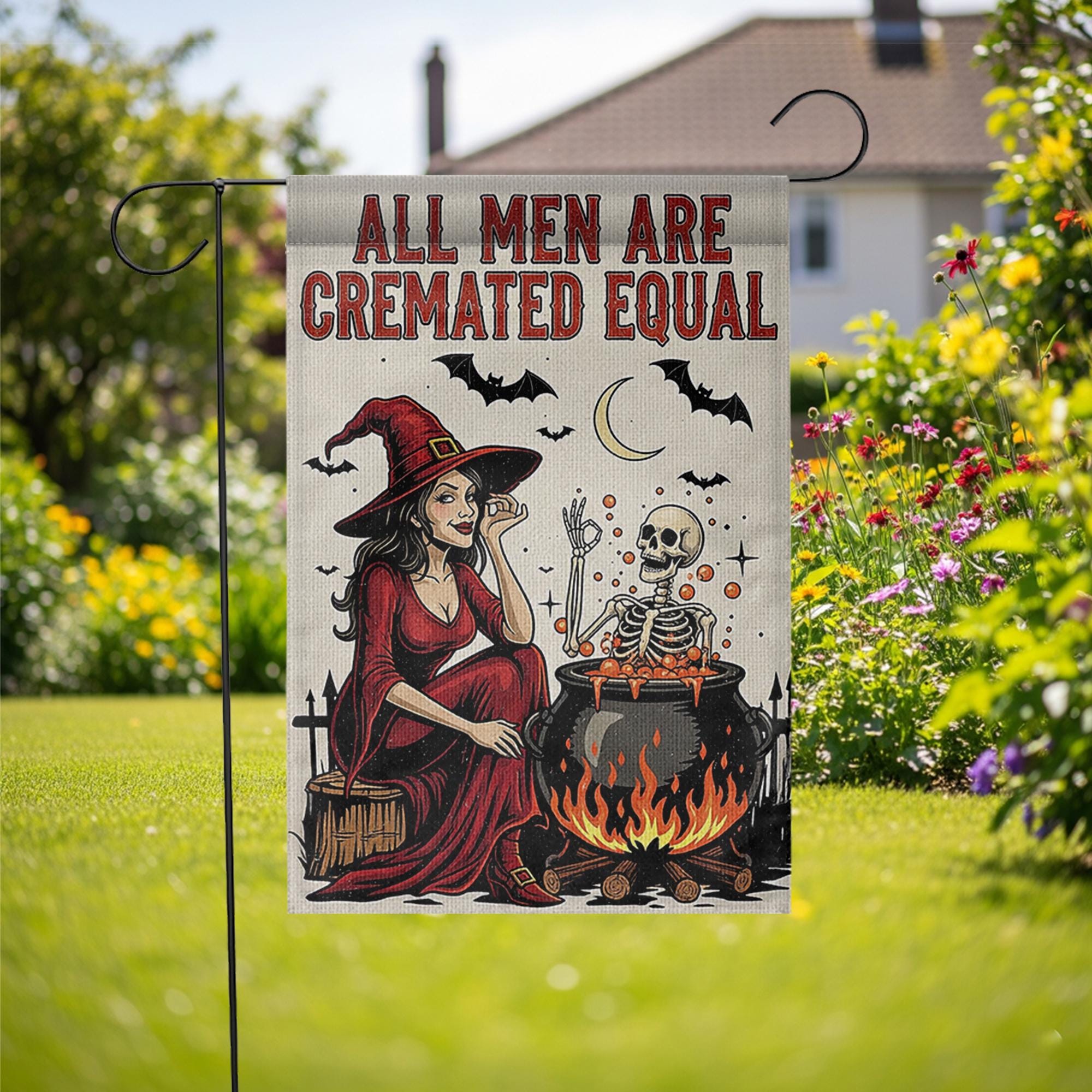 Funny Halloween Witch Garden Flag – All Men Are Cremated Equal, Spooky Skeleton Cauldron Outdoor Yard Decor, Dark Humor Fall Flag