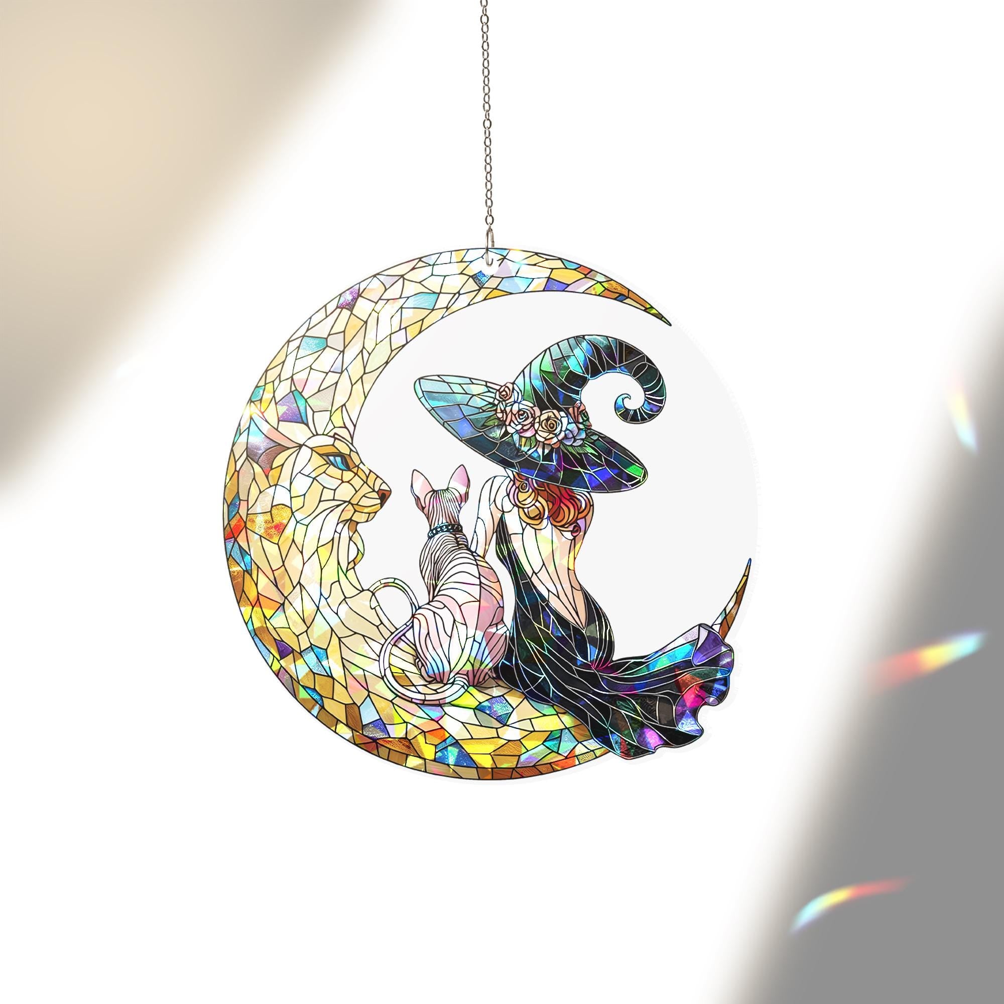 Holographic Witch Cat Suncatcher, Acrylic Moon Window Decor with witch & Sphynx, Style Gothic Halloween Sun Catcher