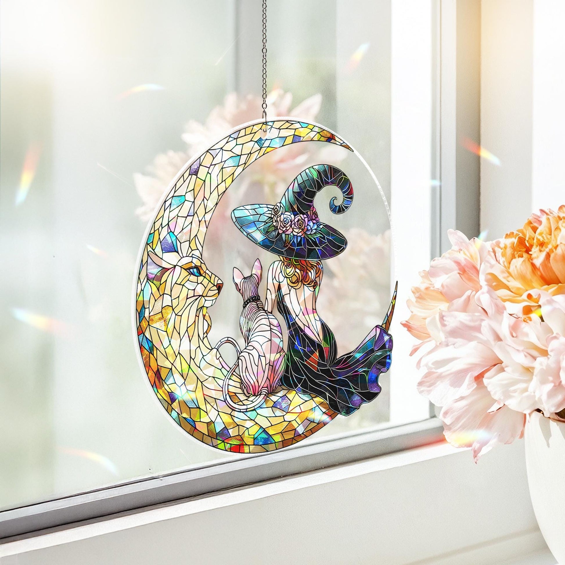 Holographic Witch Cat Suncatcher, Acrylic Moon Window Decor with witch & Sphynx, Style Gothic Halloween Sun Catcher
