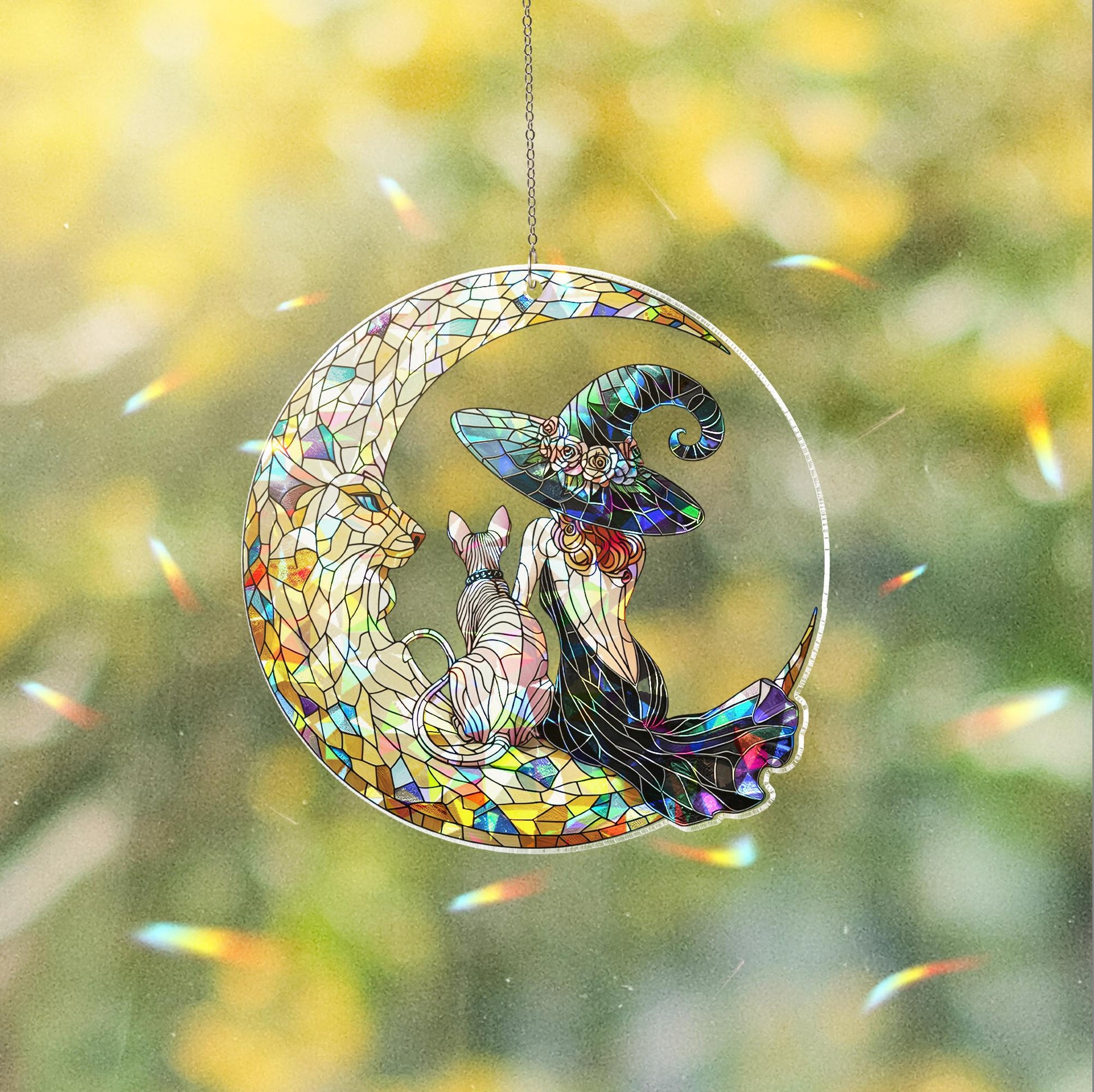 Holographic Witch Cat Suncatcher, Acrylic Moon Window Decor with witch & Sphynx, Style Gothic Halloween Sun Catcher