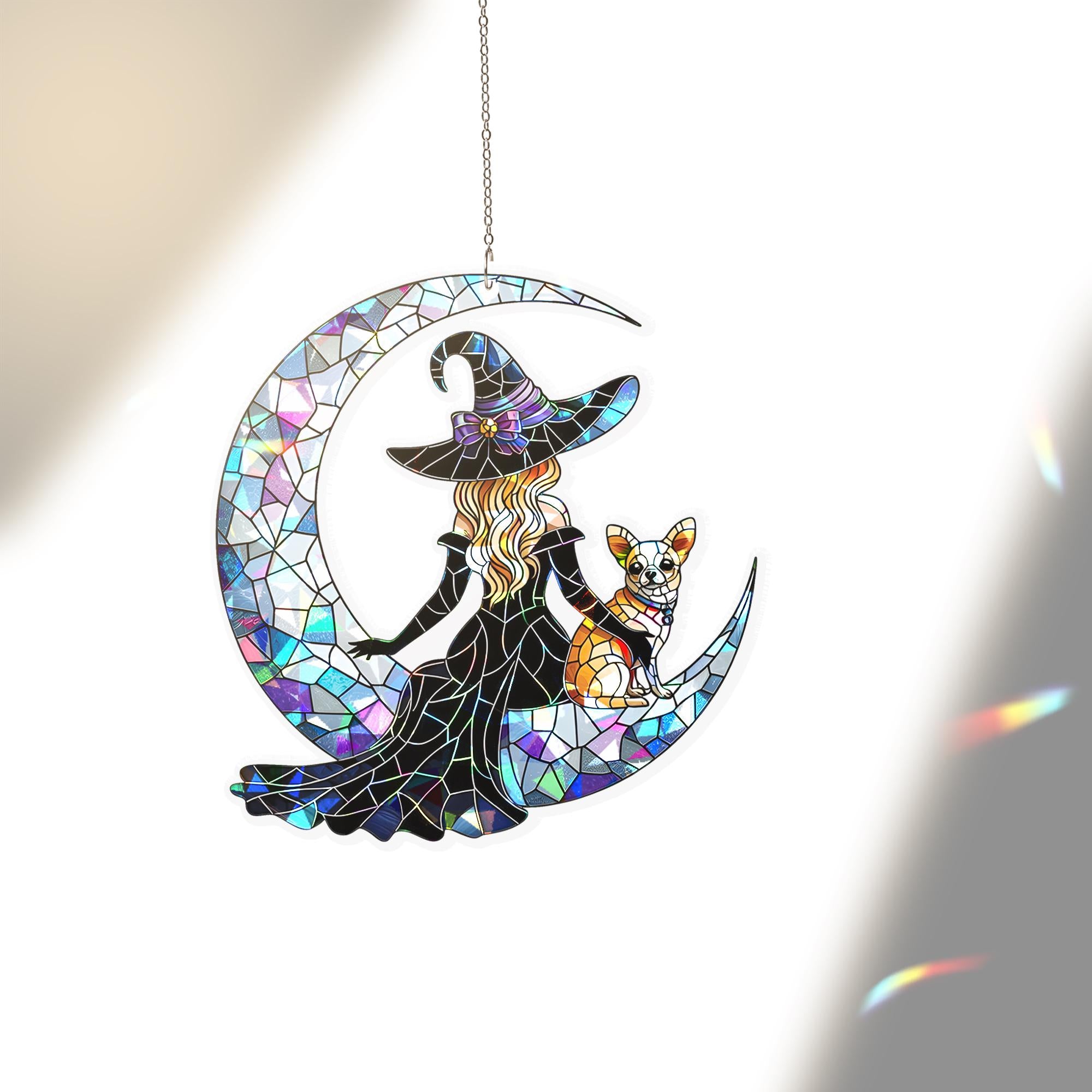 Witch and chihuahua Suncatcher, Holographic Acrylic Moon Window Decor, Style Halloween Dog Lover Gift, Gothic Sun Catcher