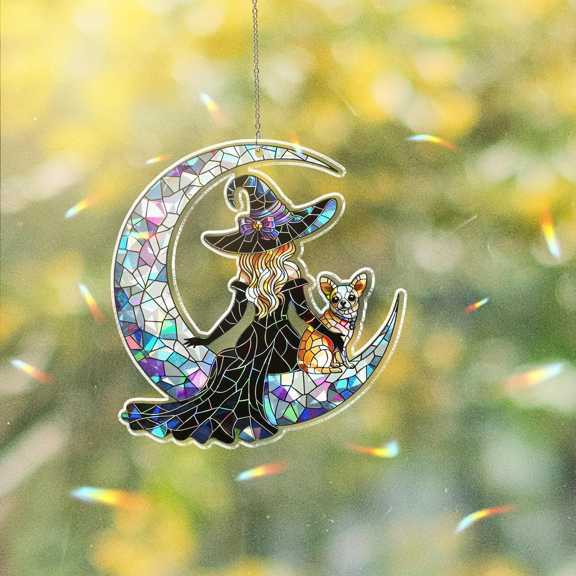 Witch and chihuahua Suncatcher, Holographic Acrylic Moon Window Decor, Style Halloween Dog Lover Gift, Gothic Sun Catcher