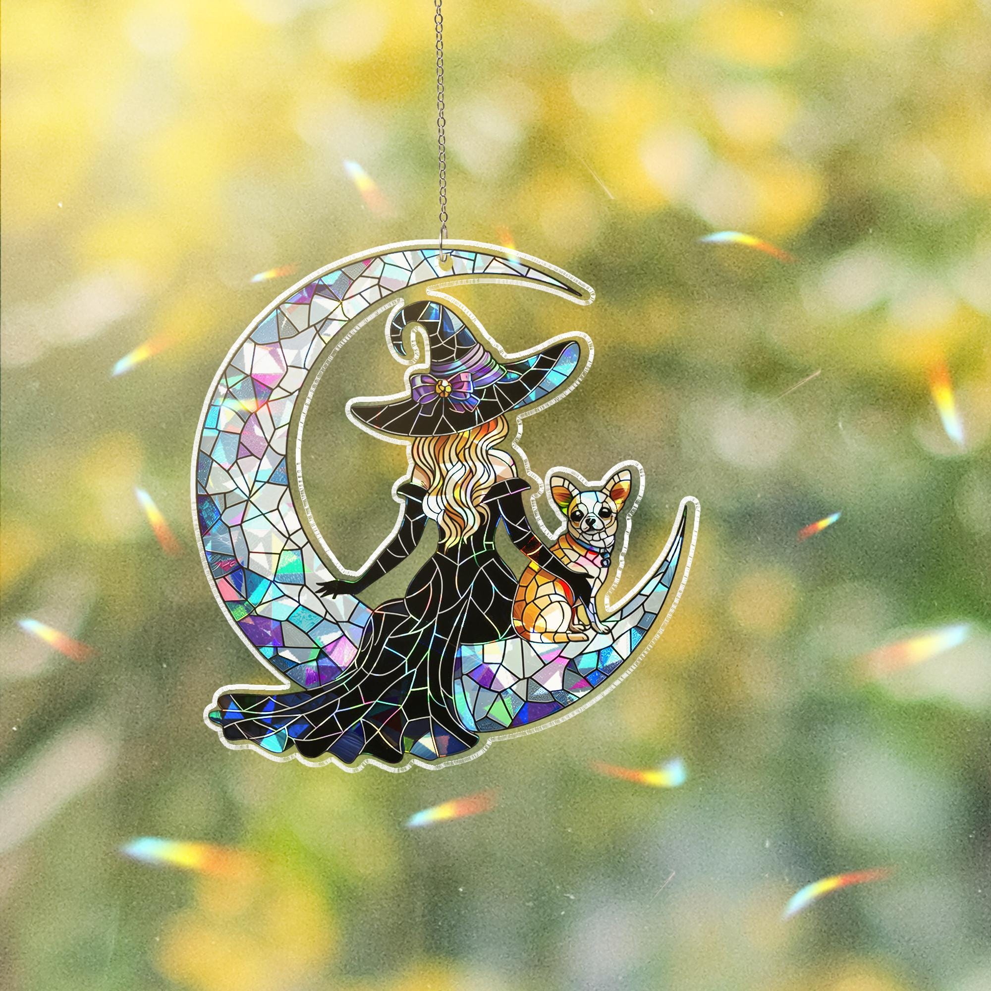 Witch and chihuahua Suncatcher, Holographic Acrylic Moon Window Decor, Style Halloween Dog Lover Gift, Gothic Sun Catcher