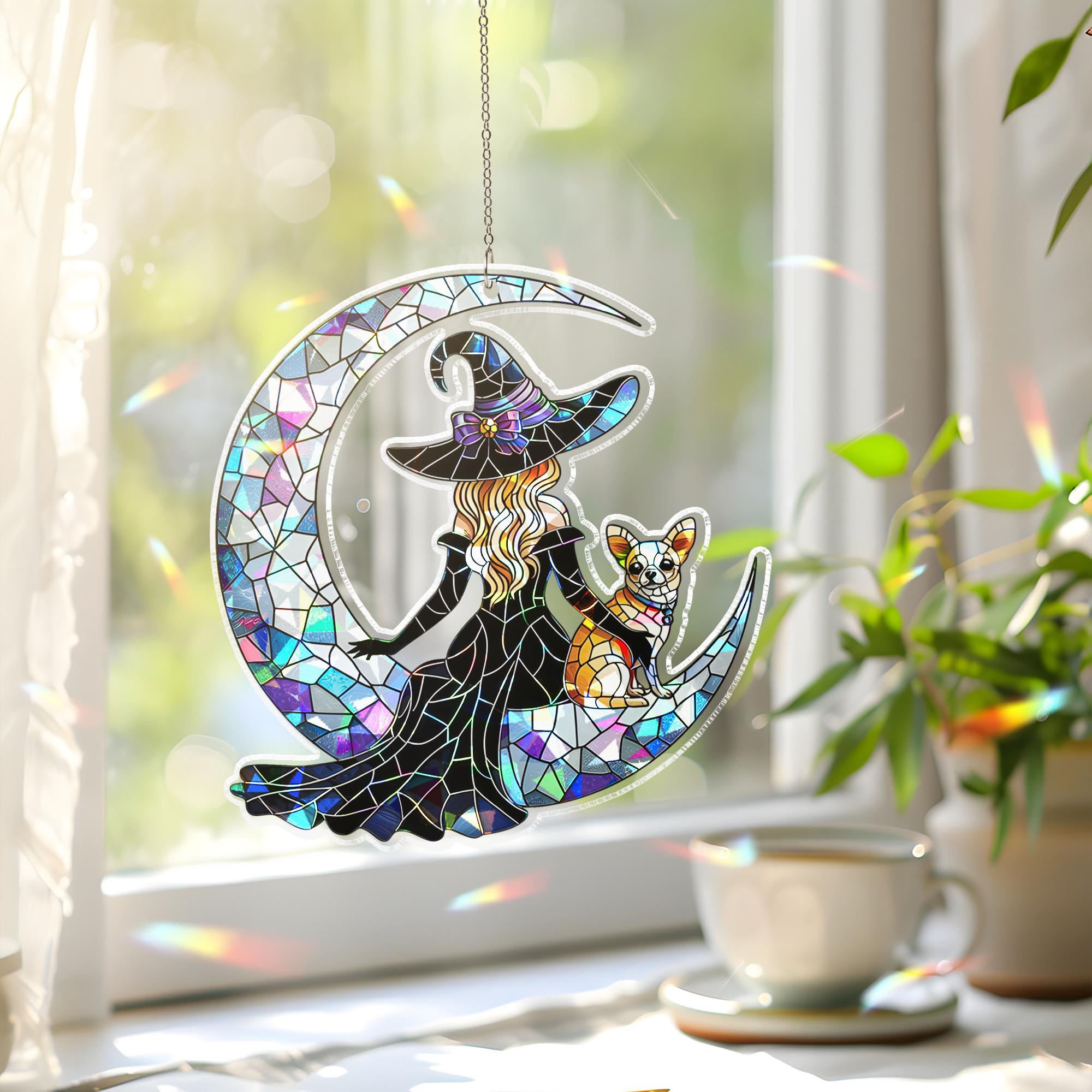 Witch and chihuahua Suncatcher, Holographic Acrylic Moon Window Decor, Style Halloween Dog Lover Gift, Gothic Sun Catcher