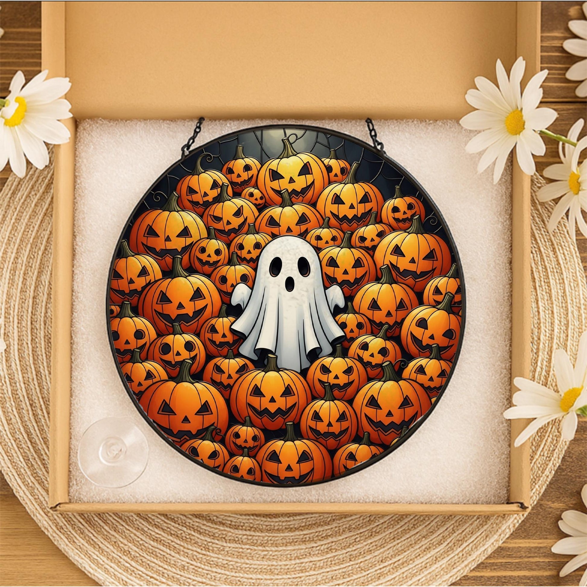 Adorable Ghost & Pumpkin Patch Stained Glass Suncatcher, Halloween Window Decor, Spooky Home Art, Cute Fall Gift