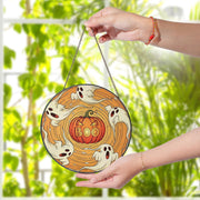 Spooky Boo Pumpkin & Swirling Ghosts Stained Glass Suncatcher, Halloween Window Decor, Cute Holiday Gift