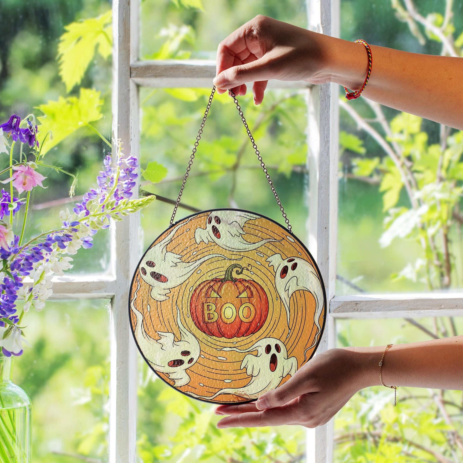Spooky Boo Pumpkin & Swirling Ghosts Stained Glass Suncatcher, Halloween Window Decor, Cute Holiday Gift