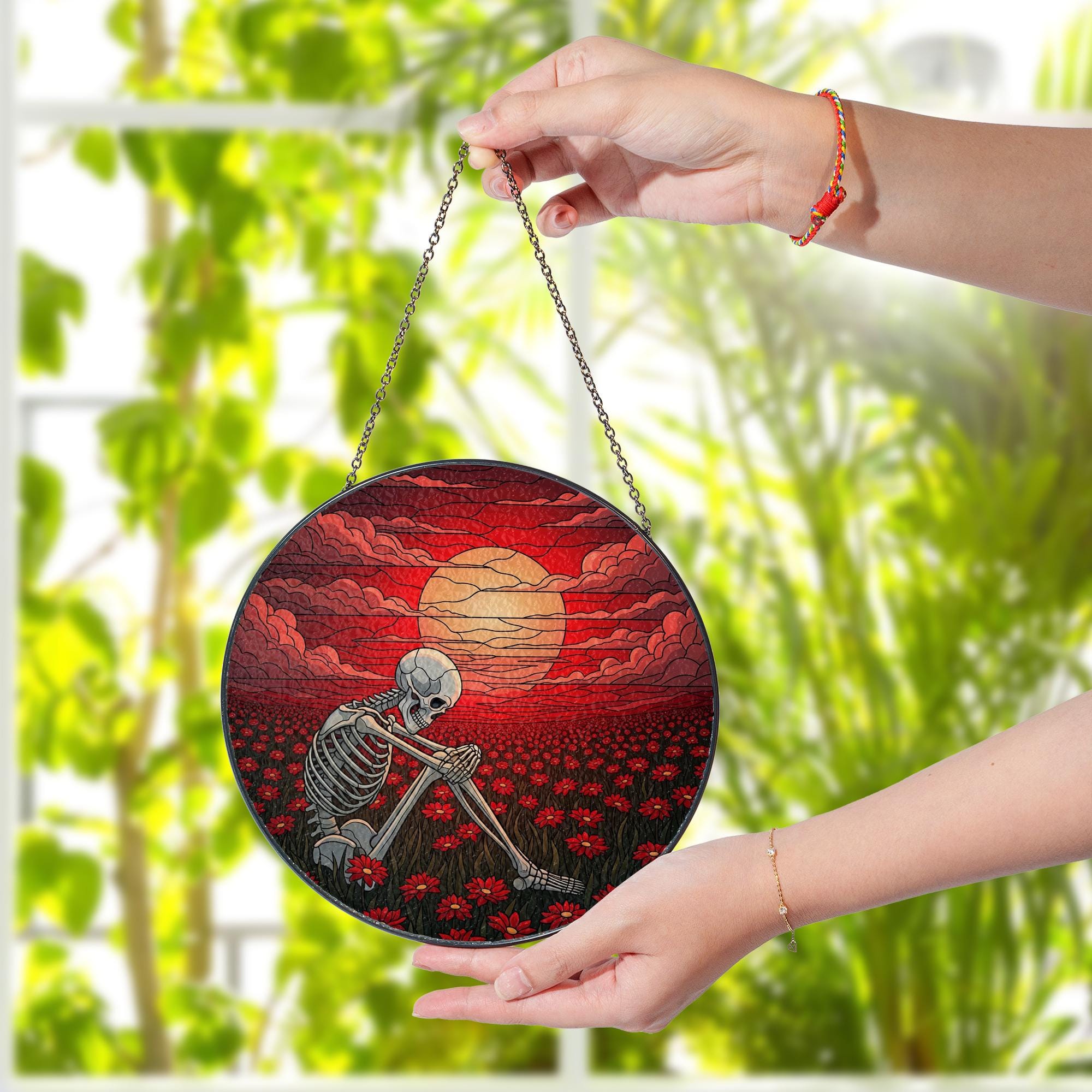 Skeleton Red Sky Stained Glass Suncatcher, Macabre Home Decor, Gothic Wall Art, Unique Gift, Skull Decor