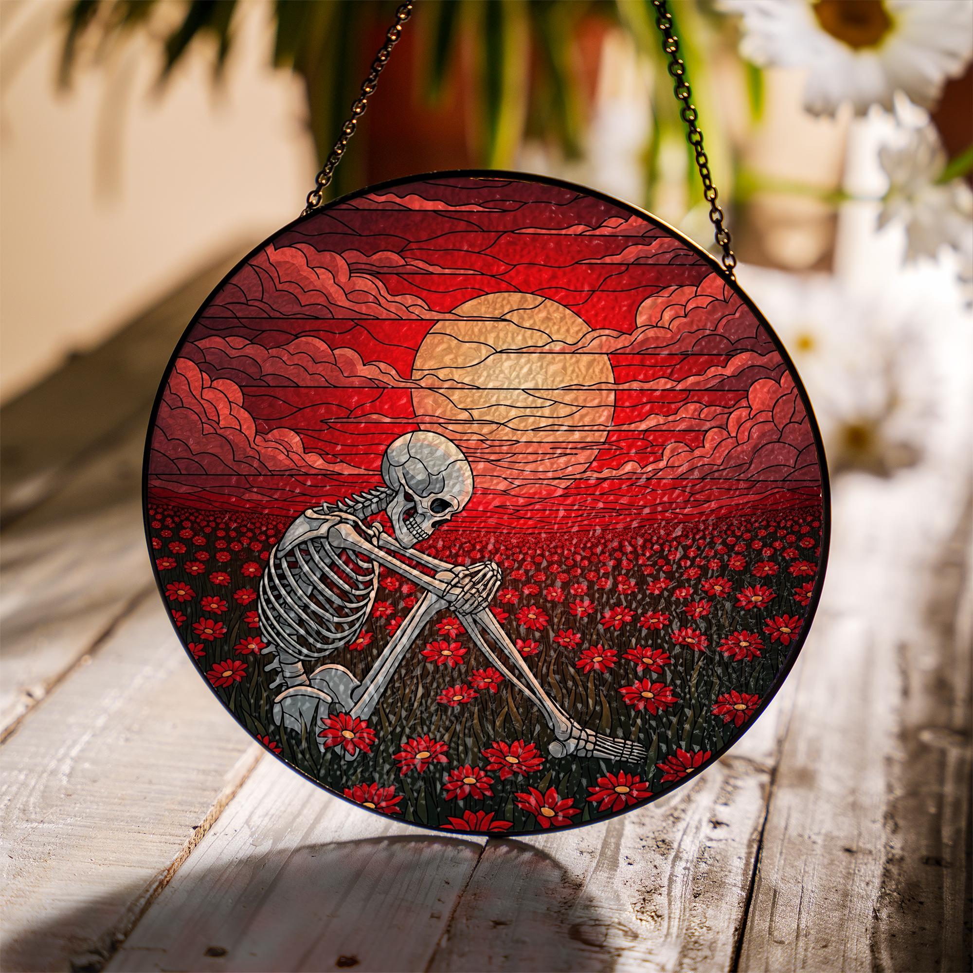 Skeleton Red Sky Stained Glass Suncatcher, Macabre Home Decor, Gothic Wall Art, Unique Gift, Skull Decor