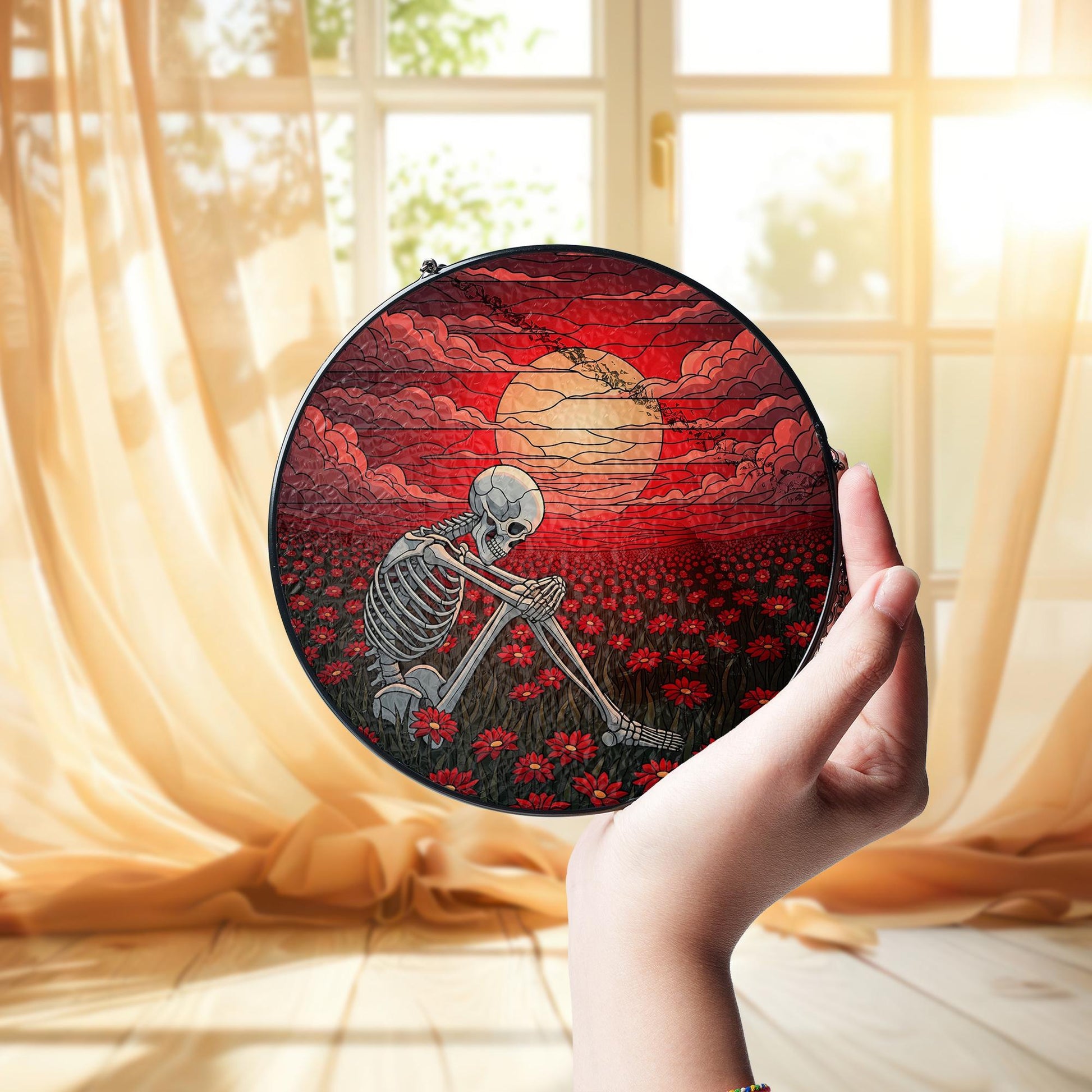 Skeleton Red Sky Stained Glass Suncatcher, Macabre Home Decor, Gothic Wall Art, Unique Gift, Skull Decor