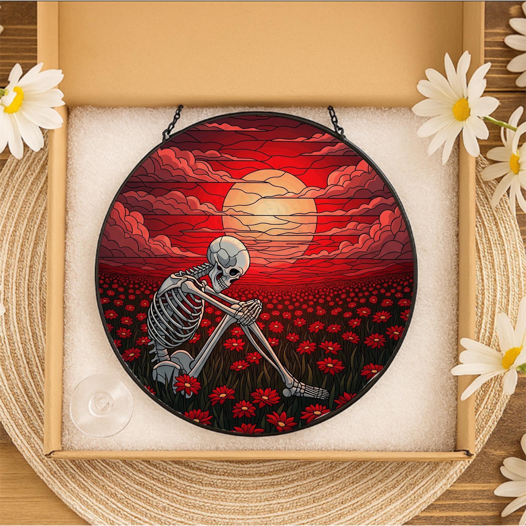 Skeleton Red Sky Stained Glass Suncatcher, Macabre Home Decor, Gothic Wall Art, Unique Gift, Skull Decor