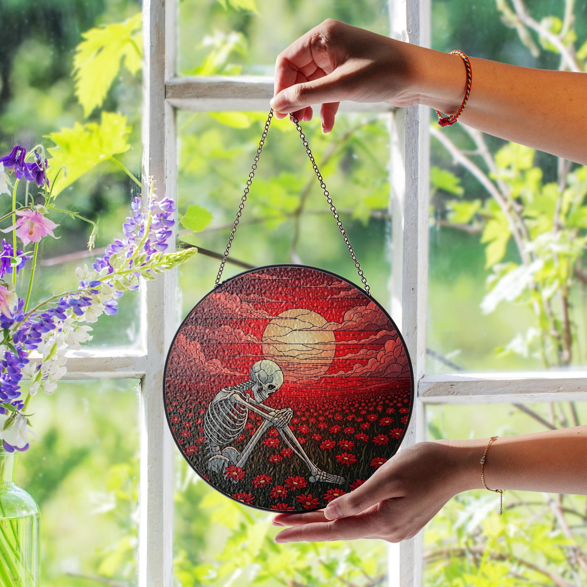 Skeleton Red Sky Stained Glass Suncatcher, Macabre Home Decor, Gothic Wall Art, Unique Gift, Skull Decor