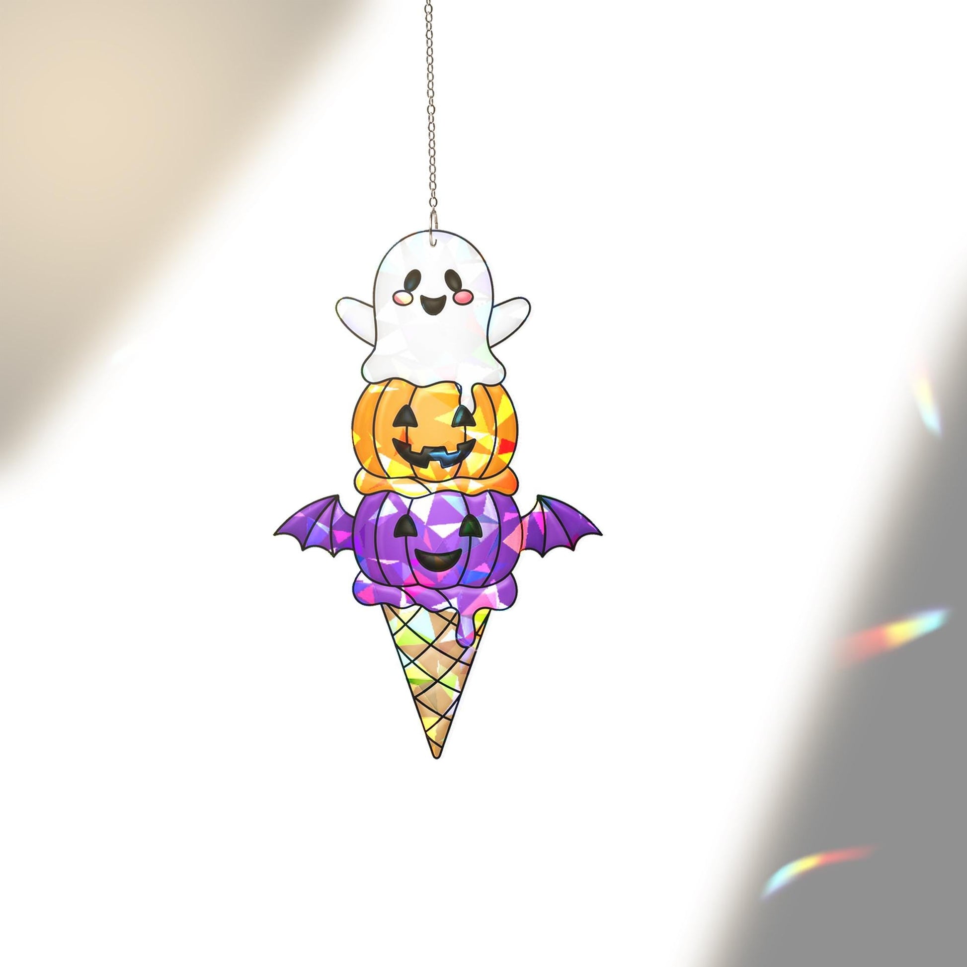 Halloween Ice Cream SunCatcher, Spooky Ghost Pumpkin Bat Window Decor, Stained Glass Style Acrylic Prism Gift