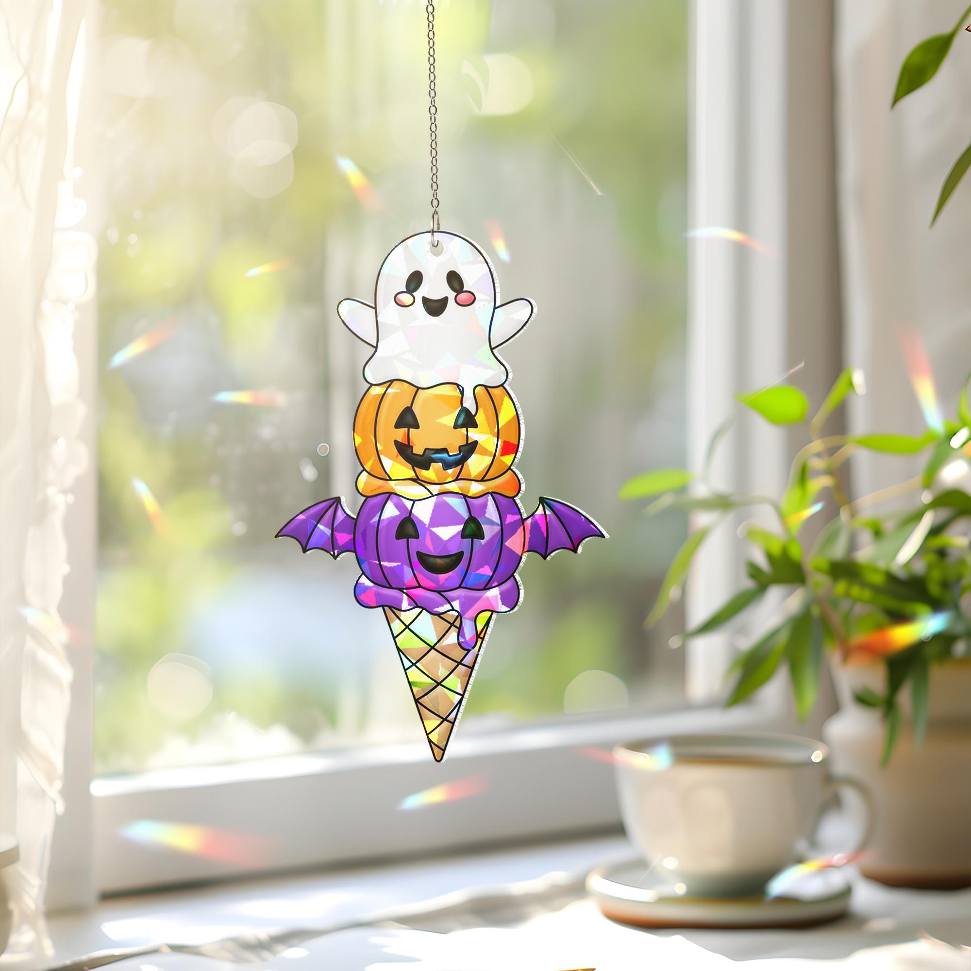 Halloween Ice Cream SunCatcher, Spooky Ghost Pumpkin Bat Window Decor, Stained Glass Style Acrylic Prism Gift